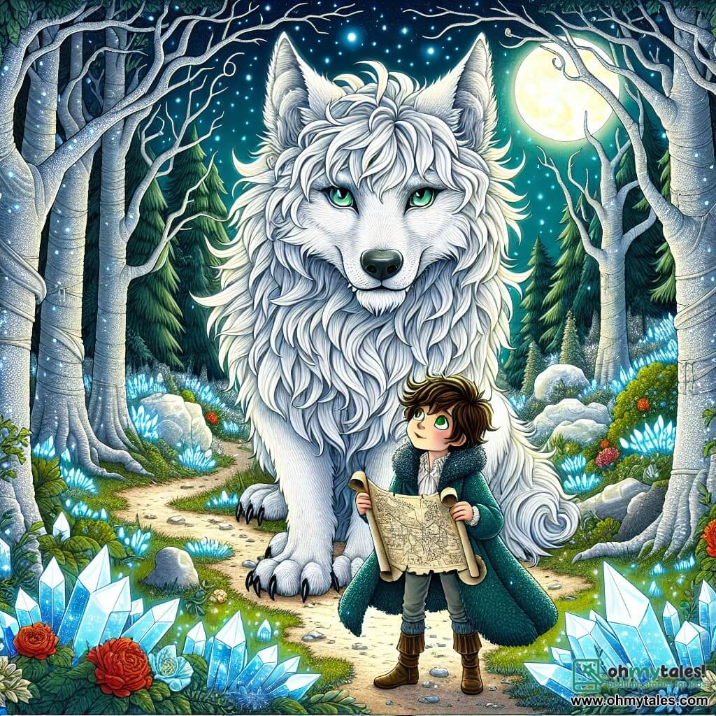 In the heart of an enchanted forest, a majestic werewolf stands, its shimmering white fur glowing under the moonlight. Its eyes shine with ancient wisdom and comforting gentleness as it kindly watches a curious ten-year-old boy, Oliver. With messy brown hair and sparkling green eyes, Oliver wears a floating blue coat and holds an ancient map, ready to explore. The scene unfolds in a magical clearing surrounded by silver-trunked trees and luminescent flowers that light up the ground with vibrant colors. Sparkling crystals are scattered around, reflecting the moonlight and creating a fairy-tale atmosphere. In this main situation, the werewolf, Luna, guides Oliver to a secret path, revealing the wonders of the mountain while teaching him lessons of courage and friendship.