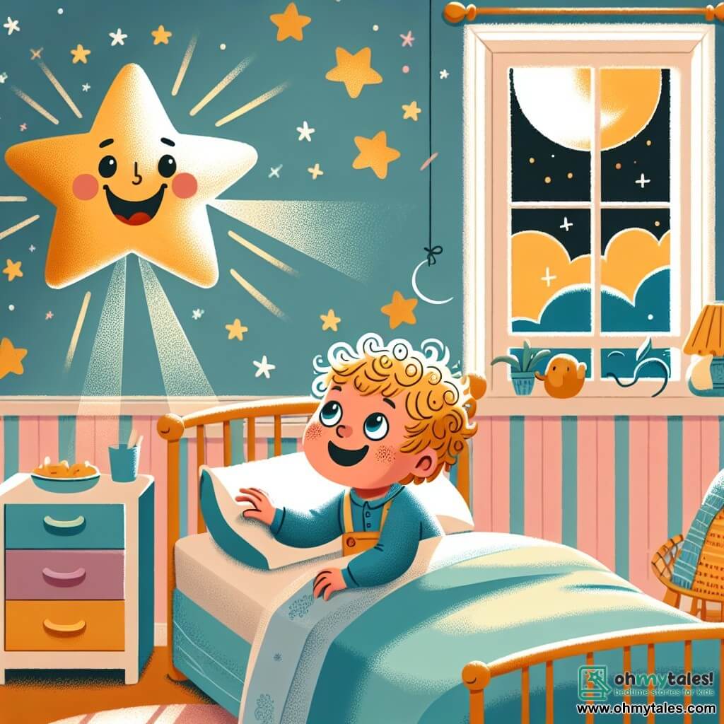 A one-year-old boy with curly blonde hair and big, curious eyes lies in his bed, a look of wonder on his face. He reaches out to a sparkling star floating above him, illuminating the room with a soft golden light. The star, with a smiling face and glimmers of light, appears lively and friendly, joyfully dancing in the air. The room is decorated with pastel walls featuring drawings of clouds and small animals, and an open window lets in the moonlight, adding a magical ambiance to the scene. The main focus is on the moment when Timmy, the little boy, meets the star in his bed, ready to embark on a nighttime adventure in search of the meaning of happiness.