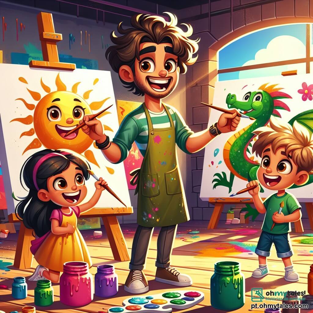 Um homem alto e sorridente, com cabelos cacheados e um avental de pintor colorido, está no centro do ateliê, cercado por potes de tinta brilhantes. Ele está mostrando às crianças como misturar as cores, seu rosto radiante de entusiasmo e paixão pela arte. À sua direita, uma menina de cerca de 7 anos, com longos cabelos castanhos e um vestido amarelo, pinta um grande sol em sua tela, seus olhos brilhando de alegria. À sua esquerda, um menino de 8 anos, com cabelos loiros bagunçados e uma camiseta verde, está concentrado em seu dragão verde, segurando o pincel com determinação. O ateliê está cheio de luz, com paredes cobertas de pinturas coloridas e pincéis espalhados sobre uma grande mesa de madeira. E respingos de tinta decoram o chão, acrescentando à atmosfera criativa. A cena principal mostra o artista e as crianças em plena sessão de pintura, cada um expressando sua criatividade, rindo e compartilhando ideias, em uma atmosfera alegre e inspiradora.