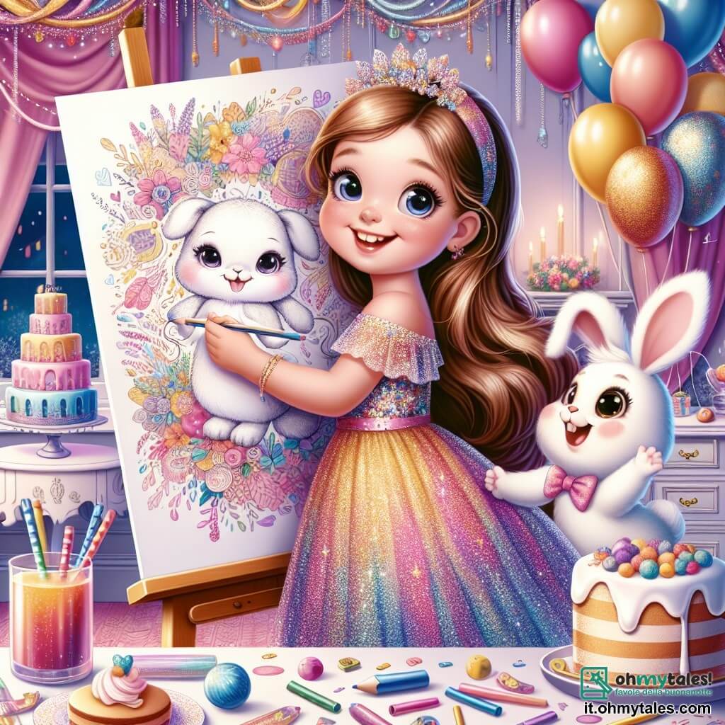 Una bambina di 4 anni, di nome Anna, con lunghi capelli castani e occhi scintillanti di gioia, indossa un vestito brillante e colorato. Sorride meravigliata, tenendo un grande disegno dei suoi desideri per il Capodanno. Accanto a lei, il suo migliore amico, Leo, un adorabile coniglietto bianco con grandi orecchie, salta felice, con gli occhi brillanti di eccitazione. La scena si svolge in una deliziosa stanza decorata per la festa di Capodanno, con palloncini colorati che fluttuano dal soffitto, festoni scintillanti e un tavolo pieno di deliziosi dolci e succhi di frutta. Anna e Leo ballano e giocano insieme, circondati da un'atmosfera festosa, piena di risate e felicità, pronti a celebrare l'arrivo del nuovo anno con sogni nella testa.
