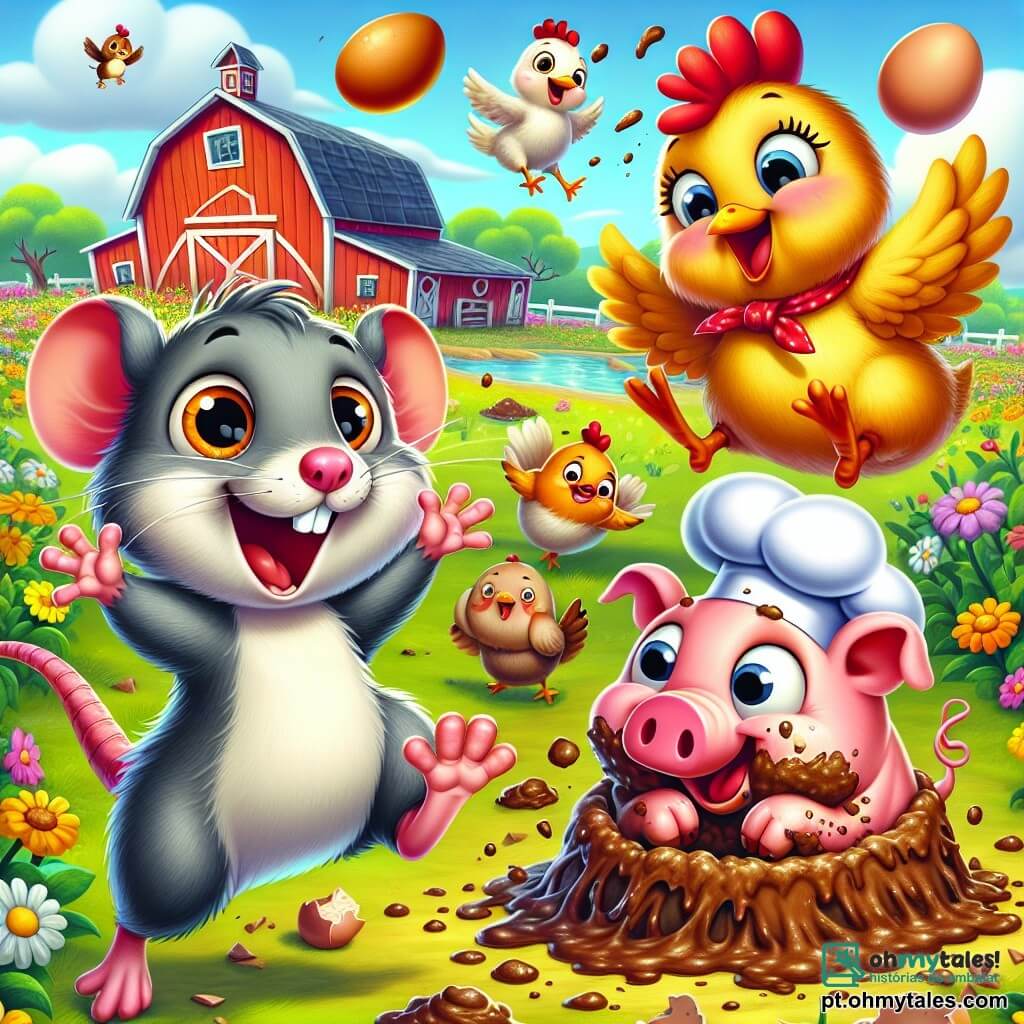 Um pequeno rato cinza chamado Rato, com grandes olhos brilhantes e um sorriso travesso, está no centro da cena, pulando de alegria com um pequeno chapéu de chef na cabeça. Ao seu lado, Gilda, uma galinha de penas douradas, está dançando enquanto segura um ovo no bico, seu rosto radiante de felicidade. Um pouco mais adiante, Pipo, um pequeno porquinho rosa, está coberto de lama, rindo alto enquanto tenta fazer um bolo de lama, suas patas cheias de terra. O cenário é uma fazenda colorida, com um grande celeiro vermelho ao fundo, campos verdes e flores vibrantes ao redor deles. A cena representa uma grande festa alegre onde os animais se divertem juntos, com comida espalhada e risadas no ar, ilustrando um momento de pura felicidade e camaradagem.