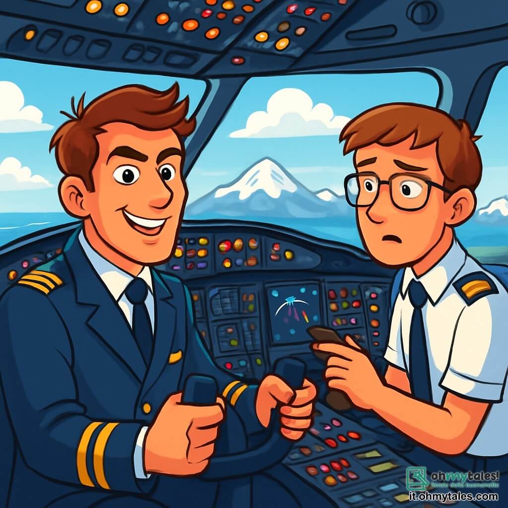 Un uomo, il Capitano Lorenzo Rossi, è seduto nella cabina di pilotaggio di un grande aereo di linea, con occhi scintillanti di determinazione e un sorriso sicuro. Indossa un elegante uniforme blu scuro con spalline dorate, i suoi capelli castani leggermente scompigliati dal vento. Accanto a lui, il suo copilota Marco, un giovane di circa 25 anni con capelli castani e occhiali, osserva attentamente gli strumenti di volo, mostrando un'espressione di eccitazione mista a un lieve stress. La cabina è piena di luci lampeggianti e strumenti complessi, con un grande oblò che offre una vista spettacolare su un cielo blu punteggiato di nuvole bianche. In lontananza si vedono montagne innevate e l'oceano scintillante, creando un'atmosfera di viaggio aereo. Lorenzo e Marco si preparano al decollo, con Lorenzo che tiene saldamente il volante, pronto a decollare verso una nuova avventura.
