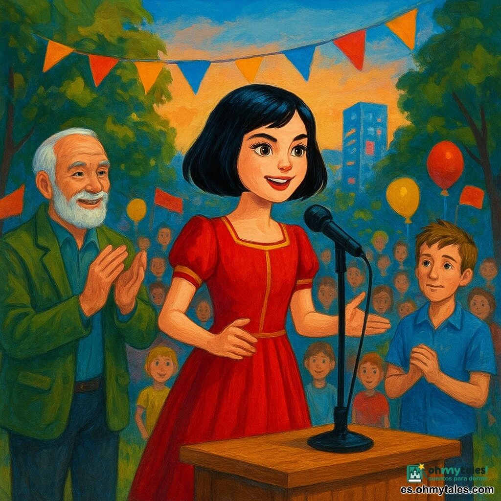 Blancanieves, joven, rostro luminoso, pelo negro corto, vestido moderno rojo carmín con detalles dorados, mirada decidida y sonrisa segura, de pie sobre una pequeña tarima hablando al micrófono; Doct, hombre de unos 60 años con barba blanca corta y chaqueta verde, a la izquierda aplaudiendo; Tímido, muchacho enano de aspecto de 30 años, bajo, pelo castaño claro desordenado y camisa azul, con las manos juntas detrás de Blancanieves a la derecha; parque urbano al crepúsculo con césped cuidado, árboles frondosos, banderolas multicolores, edificios de vidrio y neones en el horizonte; campaña pública alegre con niños y adultos, pancartas y globos, luz cálida sobre Blancanieves, ambiente dinámico y optimista.