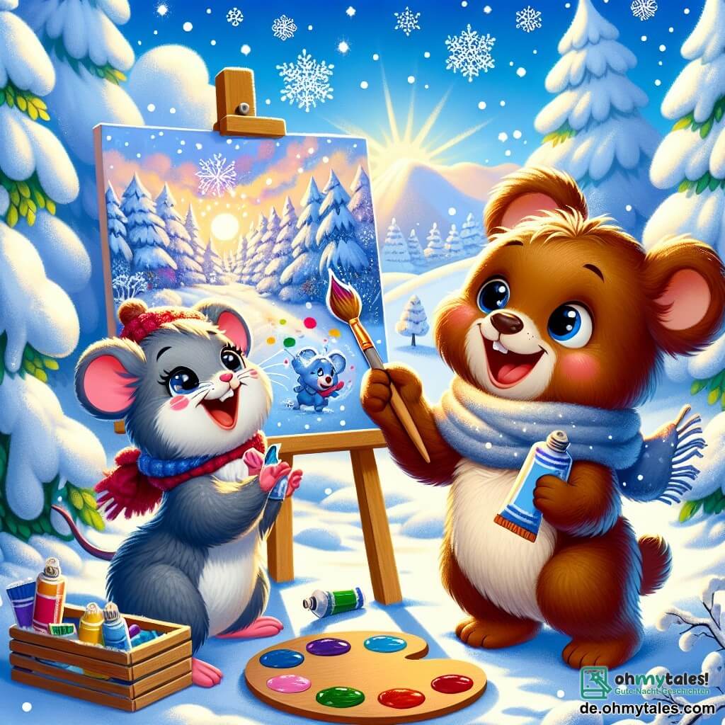 Ein kleiner brauner Bär namens Bruno, mit weichem und flauschigem Fell, lächelt fröhlich, während er eine Palette mit lebhaften Farben in seinen Pfoten hält. Er malt ein großes Bild einer Winterlandschaft, während Schneeflocken um ihn herum fallen. Neben ihm springt eine kleine graue Maus namens Mia, mit großen funkelnden Augen und runden Ohren, aufgeregt herum und hält eine Glitzerfarbe. Sie schaut bewundernd zu Bruno, bereit, ihrem Werk magische Akzente zu verleihen. Die Szene spielt in einem verzauberten Wald, wo die Bäume mit einer dicken Schicht weißen Schnees bedeckt sind und der Boden mit glitzernden Flocken übersät ist. Der Himmel strahlt in leuchtendem Blau, und die Sonne scheint sanft und erhellt die märchenhafte Landschaft. Bruno und Mia schaffen zusammen ein wunderschönes Winterbild, füllen ihre Leinwand mit lebhaften Farben und fröhlichen Details, während sie lachen und ihre Liebe zu dieser magischen Jahreszeit teilen.