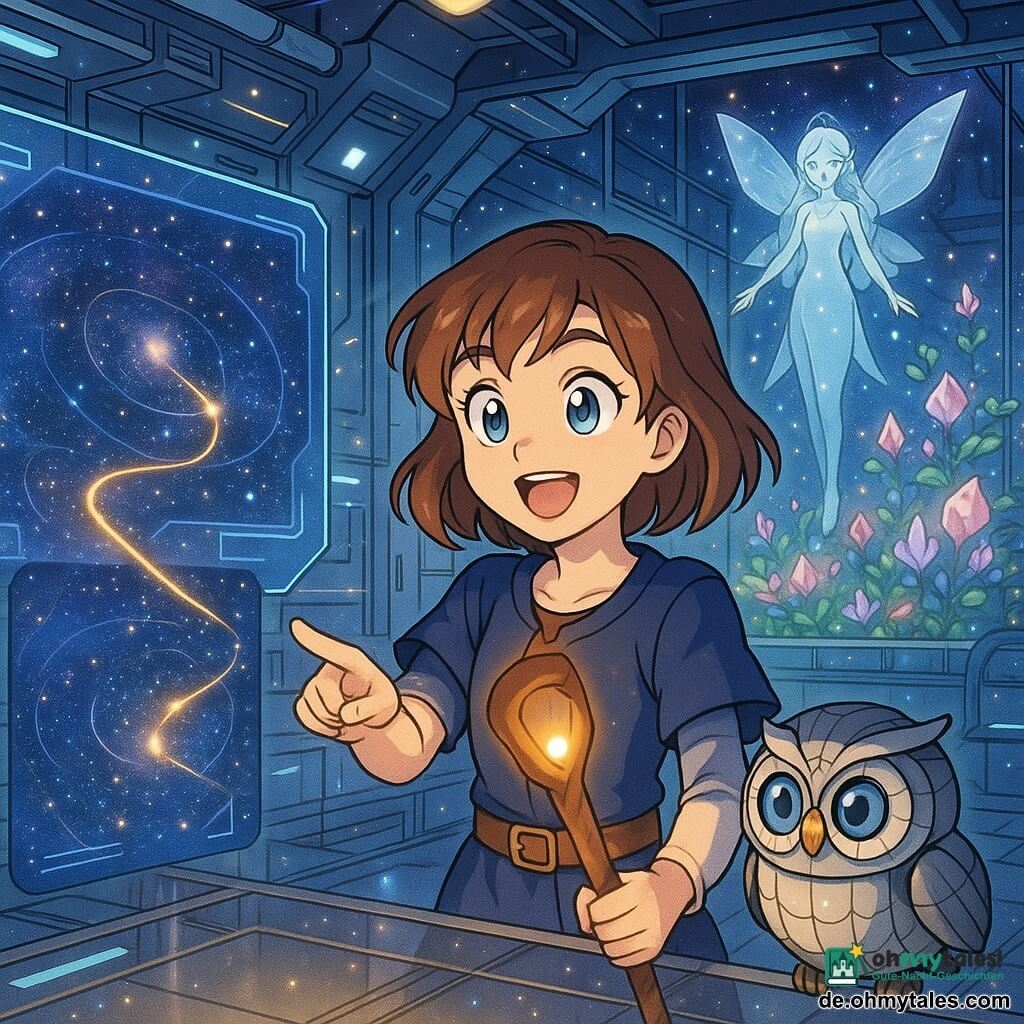 Die Protagonistin Livia, ein jugendliches Mädchen mit rundem Gesicht und leuchtenden Augen, staunendem, selbstbewusstem Ausdruck, hält einen leuchtenden hölzernen Zauberstab und zeigt mit einer Hand auf eine schwebende galaktische Karte; Zipp, eine kleine runde mechanische Eule mit silbernen Metallfedern und blauen Linsenaugen, schwebt neben ihr und betrachtet die Karte neugierig; Mira, eine erwachsene sternenwächterin in weiblicher Erscheinung, erscheint in der Ferne über dem Zentrum des Kristallgartens als durchscheinende Silhouette mit funkelnden Flügeln und lächelt wohlwollend; Schauplatz ist ein futuristisches Weltraumlabor mit glänzenden Paneelen, schwebenden Hologrammbildschirmen und Glasrohren sowie einer großen Panoramascheibe, die einen schwebenden Garten aus bunten Kristallblumen zeigt; Szene: Livia und Zipp entdecken auf der Karte eine goldene Lichtlinie, die einen Weg zum Kristallgarten zeichnet, warme Lichttöne kontrastieren mit dem kalten Metall des Labors; Farbstimmung: tiefes Blau, kosmisches Violett, Gold und Kristallrosa, weiches Licht, funkelnde Reflexe und kleine Partikel in der Luft; Manga-Stil mit klaren Linien, großen ausdrucksstarken Augen, leicht cartoonhaften Proportionen und sanfter, magischer Atmosphäre.