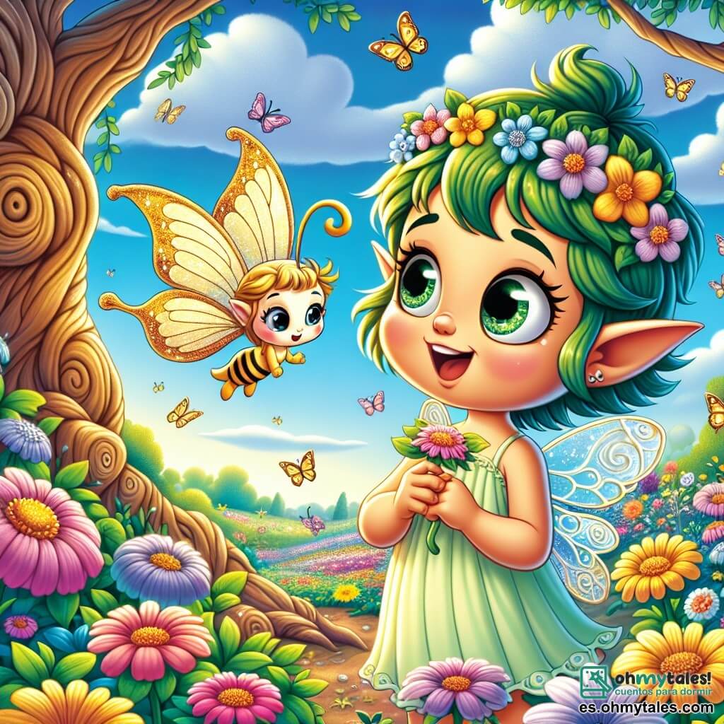 En un jardín mágico, un pequeño duende llamado Lúmina, con orejas puntiagudas y cabello verde brillante, sonríe alegremente mientras admira las coloridas flores a su alrededor. Sus ojos brillan de asombro y sostiene una pequeña flor en sus manos, como si descubriera un tesoro. A su lado, una mariposa dorada llamada Brillita, con alas brillantes y una cara amigable, vuela suavemente en el aire. Ella tiene una mirada alentadora y parece lista para guiar a Lúmina en sus reflexiones, flotando cerca de él con una expresión de sabiduría. El jardín está lleno de flores vibrantes, con mariposas revoloteando y árboles con troncos retorcidos que susurran secretos al viento. Un cielo azul claro, salpicado de nubes esponjosas, añade un toque de magia a este paisaje encantador. La escena principal muestra a Lúmina y Brillita compartiendo un momento de descubrimiento, donde Lúmina, maravillado, aprende a apreciar la belleza de su jardín mientras reflexiona sobre sus emociones, rodeado de la magia de la naturaleza.