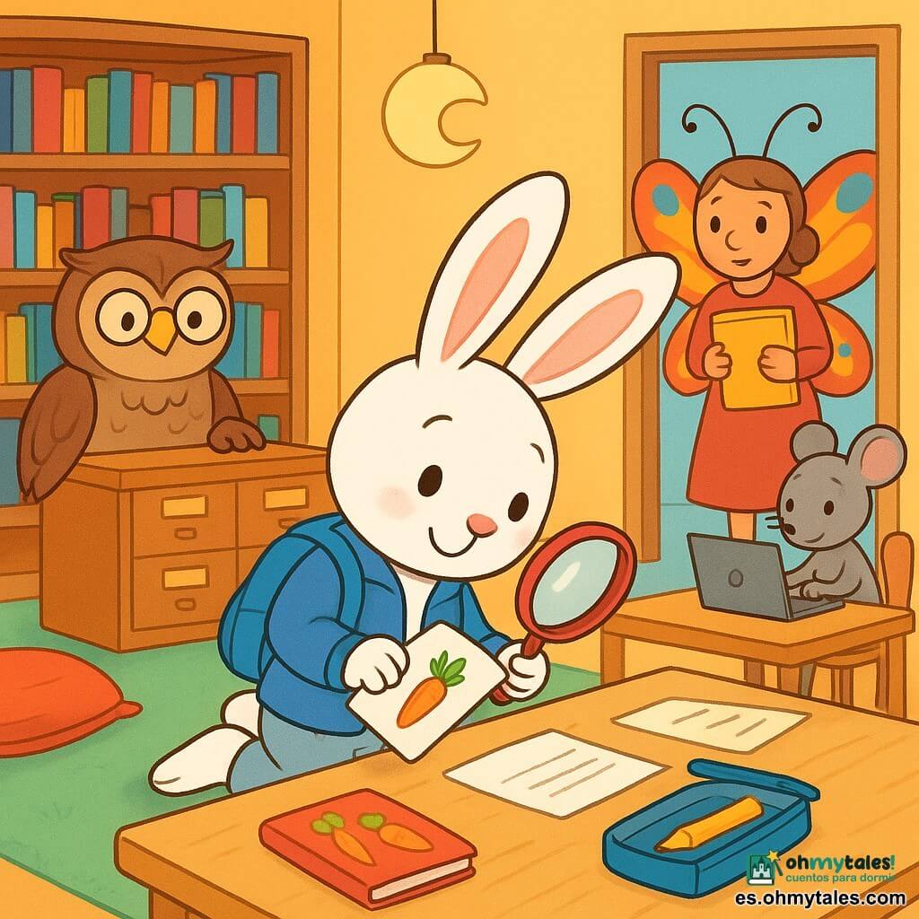 Lilo, un pequeño conejo blanco de largas orejas, está arrodillado junto a una gran mesa de madera, concentrado y sonriente, sosteniendo una factura con un dibujo de una zanahoria y una lupa roja; lleva una chaqueta y mochila azules, y su estuche abierto muestra un lápiz grueso y una pequeña libreta con pegatinas de zanahorias. La señora Búho, bibliotecaria redonda de plumas marrones y gafas, está a la izquierda con aire preocupado pero amable, apoyada en un mueble; la seño Mari, profesora-papillon de alas coloridas, está en la puerta con un cuaderno amarillo; Rita la ratita, una pequeña ratona gris, usa un ordenador al fondo y señala la mesa. Ambientación en el CDI: estanterías bajas con libros de lomos coloridos, alfombra verde, cojines rojos, lámpara en forma de luna y la mesa central con papeles y facturas. Escena principal: una investigación tierna donde Lilo encuentra una factura bajo la mesa, los adultos muestran alivio y complicidad; iluminación cálida, estilo vectorial simple y líneas claras para niños.