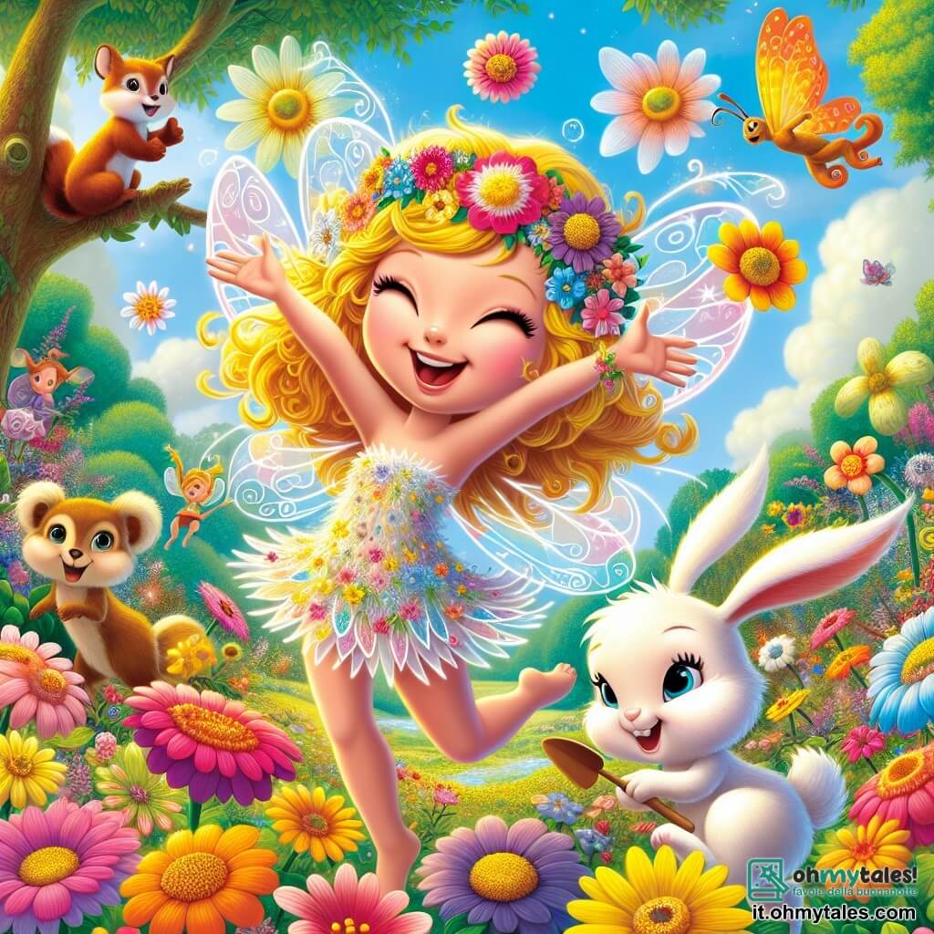 Al centro dell'immagine, Lila, una piccola fata dai capelli dorati e ali scintillanti, danza gioiosamente tra fiori colorati, con un grande sorriso sul volto. Indossa un abito leggero fatto di petali di fiori ed è piena di energia e felicità. Alla sua destra, Bobo, un coniglietto bianco con grandi orecchie, guarda Lila con ammirazione, i suoi occhi brillano di gioia. Tiene una piccola pala di legno e sta scavando nel terreno per piantare fiori, sorridendo. Sullo sfondo, un piccolo scoiattolo marrone, con una coda folta, scala un albero, osservando la scena con curiosità. Sembra entusiasta e pronto ad aiutare, tenendo un rametto tra le zampe. Il decor è un giardino incantato, pieno di fiori vivaci, farfalle che svolazzano nell'aria e alberi maestosi. Il cielo è blu brillante, punteggiato di nuvole bianche e soffici. La scena principale mostra Lila e i suoi amici mentre preparano il giardino per la primavera, piantando fiori e divertendosi insieme, creando un'atmosfera di gioia e amicizia.