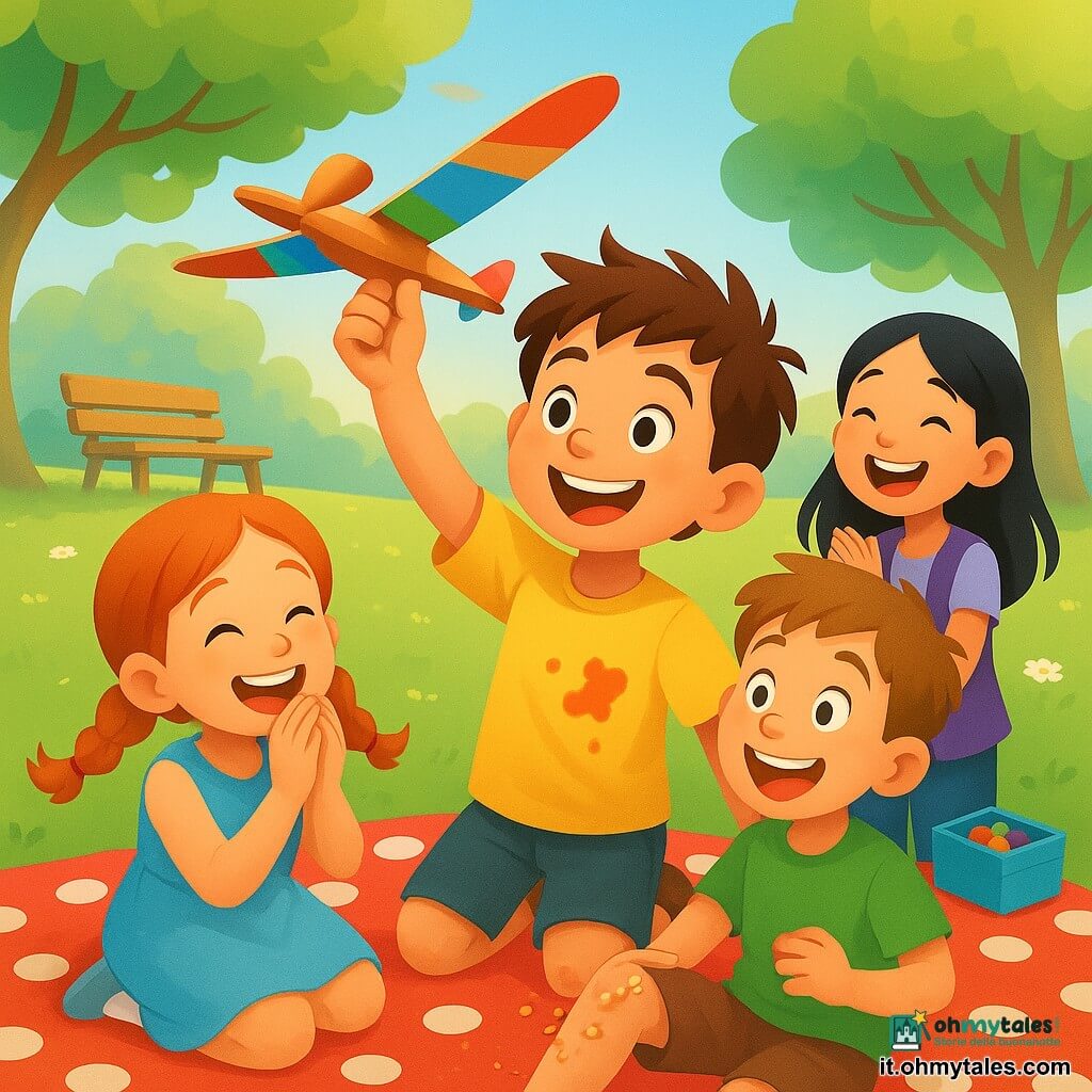 Un ragazzo di 8 anni, Tommaso, sorridente e pieno d'entusiasmo, capelli castani spettinati, maglietta gialla macchiata di marmellata, lancia un "cucchiaiottero" di legno con ali di carta colorata sopra una grande tovaglia a pois; una bambina di 7 anni, Lisa, gioiosa con trecce rosse e vestito azzurro, seduta a sinistra con le mani davanti alla bocca guarda la traiettoria; un ragazzo di 8 anni, Davide, sorpreso e divertito, ginocchia sporche, maglietta verde, a destra riceve una fetta di torta sul ginocchio e ride guardando in su; una bambina di 8 anni, Viola, maliziosa con capelli neri e gilet viola, sta dietro a Davide applaudendo con una scatolina di oggetti colorati accanto; luogo: giardino pubblico in pieno pomeriggio su erba con margherite e una grande tovaglia rosso-bianca; situazione: picnic soleggiato e allegro, il cucchiaiottero porta una fetta di torta che atterra comicamente sul ginocchio di Davide, briciole, risate, ali di carta in movimento e piccole macchie di marmellata.
