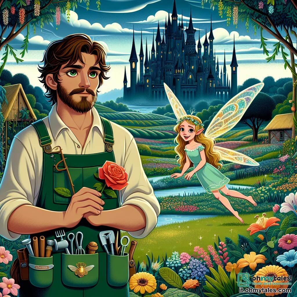 Un uomo di nome Lorenzo, di circa 30 anni, si trova al centro della scena con un sorriso meravigliato. Ha capelli ricci castani, una barba curata e indossa un grembiule da giardiniere verde, pieno di tasche con semi e attrezzi. Lorenzo tiene in mano una splendida rosa rossa, simbolo del suo coraggio, mentre guarda con determinazione un grande castello scuro sullo sfondo. Accanto a lui, una bella fata di nome Luminia, di circa 25 anni, fluttua nell'aria. Ha lunghi capelli dorati che brillano e ali trasparenti scintillanti. Luminia sorride gioiosamente, con le braccia aperte, per incoraggiare Lorenzo nella sua missione. Il luogo è una valle incantata, piena di fiori colorati e alberi maestosi, sotto un cielo blu con nuvole soffici. In lontananza, il castello dello stregone si erge, scuro e minaccioso, circondato da nebbia e rovi. La scena principale mostra Lorenzo, col cuore che batte per l'emozione e la determinazione, pronto ad affrontare lo stregone per salvare la regina Flora, mentre Luminia lo incoraggia con uno sguardo pieno di speranza.