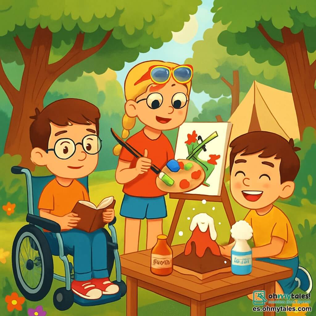 Hay 3 personajes: Mateo, un niño de 10 años con cabello castaño y gafas, está sentado en una silla de ruedas sonriendo y sosteniendo un pequeño cuaderno; Carla, una niña de 9 años con trenzas rubias y gafas de sol coloridas, está de pie al lado de Mateo con pinceles y una paleta de pintura, lista para crear arte; y Lucas, un niño de 10 años con cabello castaño y una camiseta de estampados, está agachado frente a una mesa rodeado de botellas de vinagre y bicarbonato de sodio, preparando un volcán en erupción. El lugar es un hermoso campamento de verano en el corazón de un bosque verde, con árboles majestuosos y una clara soleada. En el centro, hay una gran mesa de madera cubierta de suministros artísticos y científicos. La situación principal muestra a Mateo, Carla y Lucas en plena actividad creativa: Carla pinta un dragón colorido, mientras Lucas, con una gran sonrisa, hace explotar su volcán casero, creando una erupción de burbujas blancas y espumosas, y Mateo escribe cada momento en su cuaderno, capturando la alegría y la amistad que los une.