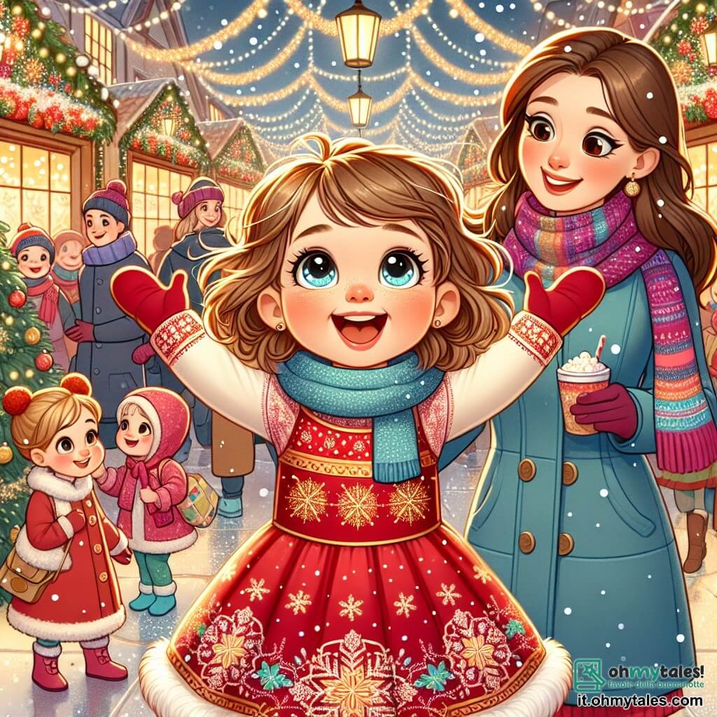 Una bambina di 1 anno, di nome Luna, con grandi occhi brillanti e capelli ricci castani, si trova al centro della scena, con le braccia alzate e un grande sorriso sul volto, esprimendo gioia ed eccitazione per il Natale. Indossa un bel vestito rosso con motivi di fiocchi di neve. Accanto a lei, sua madre, una donna di circa 30 anni, con capelli lunghi e lisci, indossando un cappotto invernale blu e una sciarpa colorata, la guarda con tenerezza, pronta ad abbracciarla. Sullo sfondo, un vivace mercatino di Natale, pieno di stand decorati con luci scintillanti, alberi di Natale ornati con palline colorate e fiocchi di neve che cadono dolcemente dal cielo. Persone sorridenti si muovono, tenendo tazze di cioccolata calda e sacchetti di regali. La scena principale mostra Luna, incantata dalle luci e dalle decorazioni, mentre cerca sua madre nella folla gioiosa, piena di magia e calore festivo.