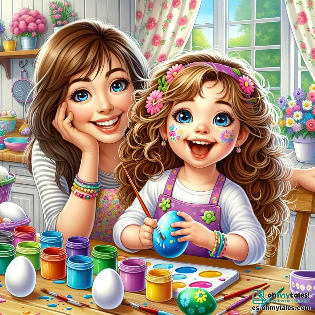 Una niña de 4 años, Clara, con grandes ojos brillantes y cabello rizado castaño, está sentada a una mesa de madera, sonriente y entusiasta. Sostiene un pincel colorido en la mano y pinta un huevo de Pascua de azul, con manchas de pintura en sus mejillas. A su lado, su mamá, una mujer de unos treinta años con cabello largo y liso, lleva un delantal colorido y la anima con una sonrisa cálida, inclinándose hacia adelante mientras decora un huevo de Pascua verde. La escena tiene lugar en una cocina luminosa, llena de luz natural que entra por una ventana con cortinas floreadas. En la mesa hay frascos de pintura de todos los colores, pinceles esparcidos y huevos blancos listos para ser decorados. Clara y su mamá están inmersas en la alegre actividad de pintar huevos de Pascua, creando una atmósfera de felicidad y creatividad, llena de colores vivos y risas.