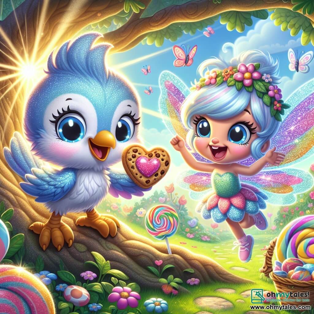 Benny, a small blue bird with shimmering feathers, is perched on a branch of a large oak tree, with sparkling eyes and a radiant smile, holding a delicious heart-shaped cookie in his beak. Next to him, Lily, the lollipop fairy, has colorful wings that shine like candy and is joyfully laughing while holding a basket filled with colorful lollipops, her eyes bright with excitement. The scene takes place in the Glimmering Garden, an enchanting garden filled with vibrant flowers, fluttering butterflies, and sunlight filtering through the leaves, creating a magical and joyful atmosphere. Benny and Lily are getting ready to exchange their Valentine's surprises, surrounded by a festive and warm ambiance, symbolizing friendship and the joy of sharing special moments together.
