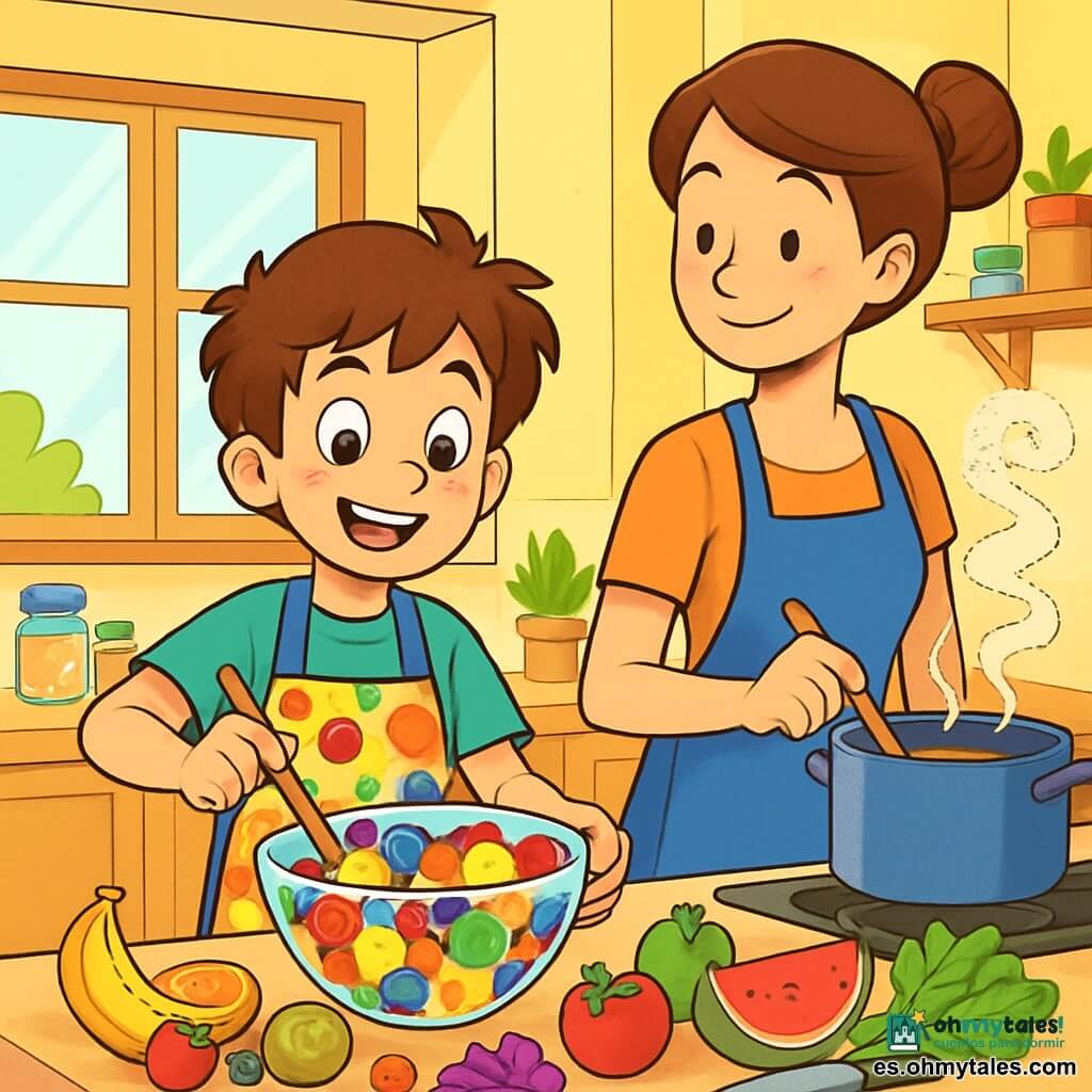 Un joven llamado Luca, de unos 10 años, está en el centro de la cocina, sonriendo con orgullo. Tiene el cabello castaño desordenado, ojos curiosos y lleva un delantal colorido con motivos de frutas. Está mezclando una gran ensalada de frutas en un bol de vidrio, con colores vibrantes a su alrededor. A su lado, su madre, una mujer de unos treinta años con el cabello castaño recogido, lo observa con benevolencia mientras revuelve una olla en el fuego, añadiendo especias que flotan en el aire. La cocina es amplia y luminosa, con paredes amarillas, estantes llenos de tarros coloridos y ventanas abiertas que dejan entrar la luz del sol. Hierbas frescas y verduras están dispuestas en la encimera, añadiendo un toque de verde. Luca, concentrado y entusiasta, prepara un buffet colorido para la fiesta del pueblo, rodeado de frutas jugosas, verduras crujientes y utensilios de cocina brillantes. La atmósfera es alegre y creativa, con risas y aromas deliciosos en el aire.