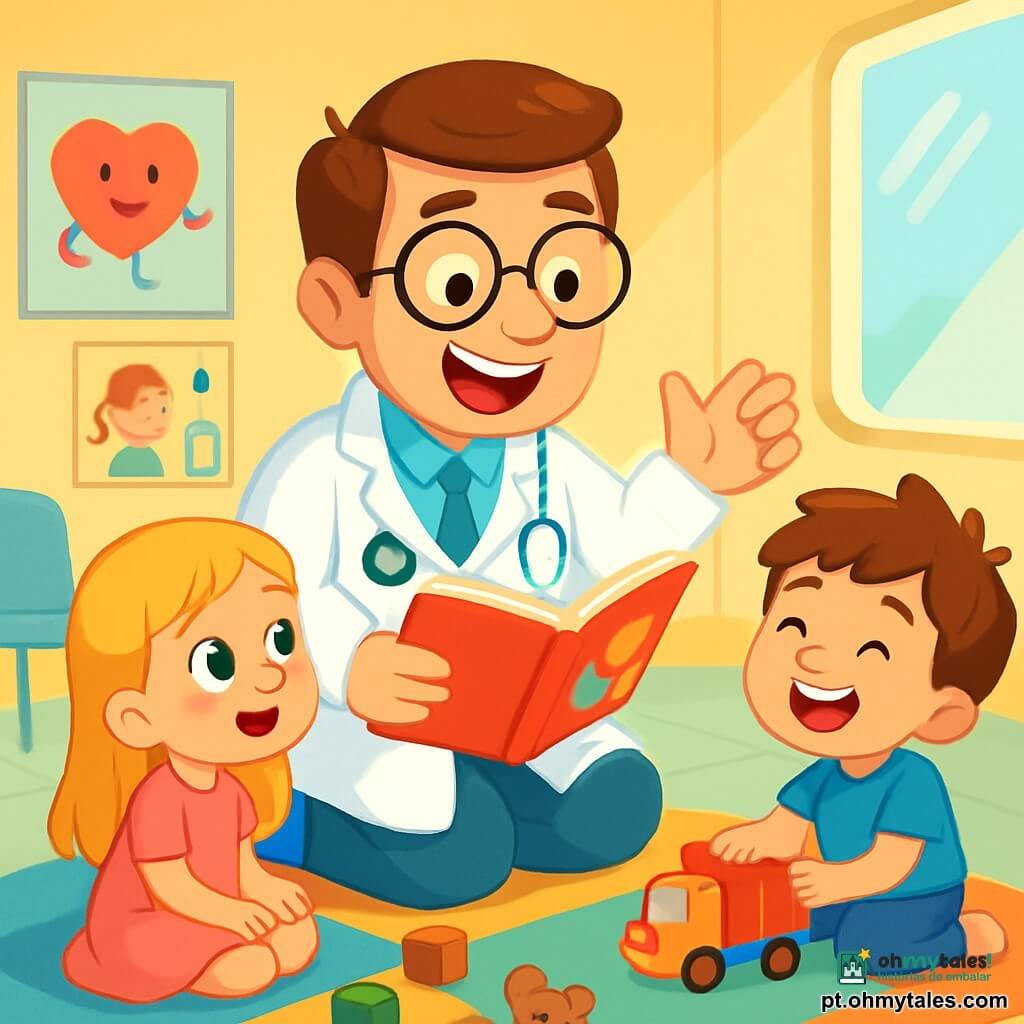 Um médico homem, Dr. João, sorridente e caloroso, veste um jaleco branco que brilha como uma nuvem. Ele tem cabelos castanhos e óculos redondos que lhe dão um ar amigável. Ele está contando uma história para as crianças na sala de espera, com um grande sorriso no rosto, mostrando seu entusiasmo. Uma menina de cerca de 6 anos, com longos cabelos loiros e um vestido rosa, ouve atentamente, com os olhos arregalados de curiosidade. Ela está sentada em um tapete colorido, cercada de brinquedos. Ao lado dela, um menino de 5 anos, com cabelos castanhos bagunçados e uma camiseta azul, brinca com um caminhão pequeno, rindo e se sentindo seguro. A sala de espera é iluminada e acolhedora, com paredes pintadas de amarelo pastel, cartazes de desenhos animados sobre saúde e cadeiras coloridas. Brinquedos de madeira estão espalhados pelo chão, e uma grande janela deixa entrar a luz do sol. A situação principal mostra o Dr. João cativando a atenção das crianças com sua voz suave, tranquilizando-as e divertindo-as, enquanto elas esquecem a ansiedade de estar no médico.