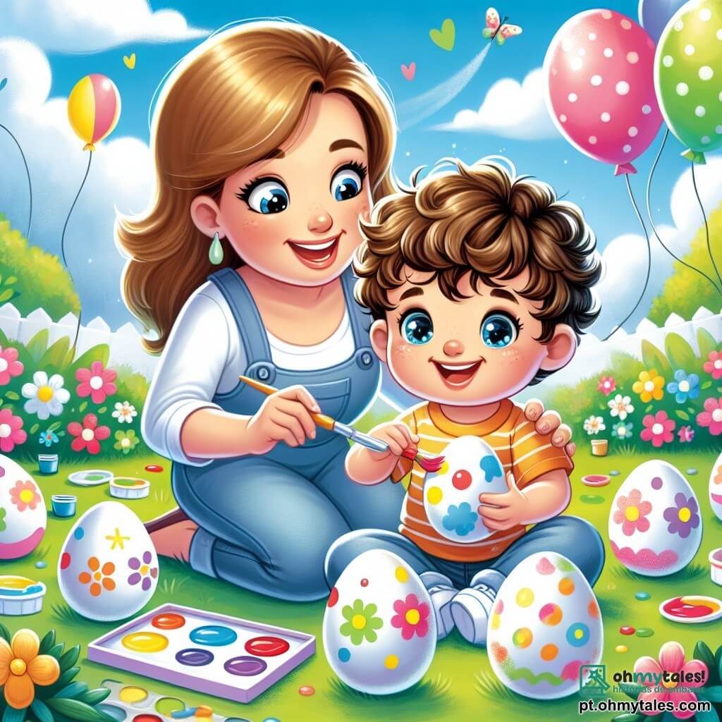 Um menino de 2 anos, com cabelos cacheados e olhos brilhantes de alegria, está sentado no chão, cercado por ovos de Páscoa brancos e brilhantes. Ele sorri amplamente, com as bochechas rosadas e as mãos cheias de tinta colorida. Sua mãe, uma mulher sorridente de cerca de 30 anos, com cabelos longos e castanhos, está ao seu lado, segurando um pincel e o incentivando com um olhar carinhoso. Eles estão em um jardim ensolarado, cheio de flores coloridas e balões flutuantes, com uma grande árvore ao fundo. O menino está pintando ovos de Páscoa com cores vibrantes, criando padrões alegres e divertidos, enquanto sua mãe o observa com orgulho.