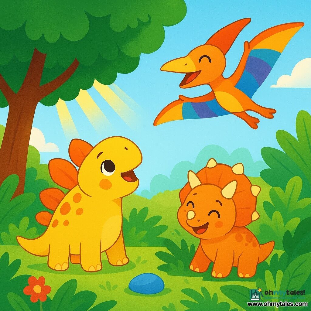 A stegosaurus named Sunny, with shiny plates and a joyful expression, stands under a large green tree, looking up at the blue sky. Next to him, Tilly, a small triceratops with cute horns and a bright smile, plays in the tall ferns, laughing. Higher in the sky, Terry, a colorful pterodactyl, joyfully flies, ready to join his friends. The landscape is filled with large green plants and colorful flowers, with sunlight filtering through the leaves. Sunny and his friends are having fun together, discovering a pretty blue pebble, surrounded by laughter and joy.