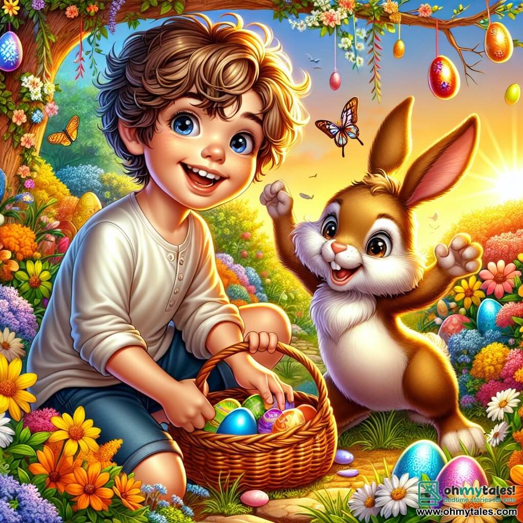 A 10-year-old boy, Max, with tousled brown hair and sparkling curious eyes, is crouched in a colorful garden, holding a basket filled with Easter eggs. He wears a big smile, overflowing with excitement and joy, as he discovers a shiny egg hidden under a flowering bush. Nearby, a small brown bunny with bright, mischievous eyes, representing the Easter Bunny, joyfully hops around Max, adding a touch of magic to the scene. The garden is a vibrant tableau, filled with bright flowers, fluttering butterflies, and the soft golden light of the setting sun illuminating everything. Easter decorations, like colorful garlands and painted eggs, hang from the tree branches. The main scene shows Max in the midst of an egg hunt, marveling at the hidden treasures in his magical garden, while the bunny encourages him in this joyful and festive adventure.
