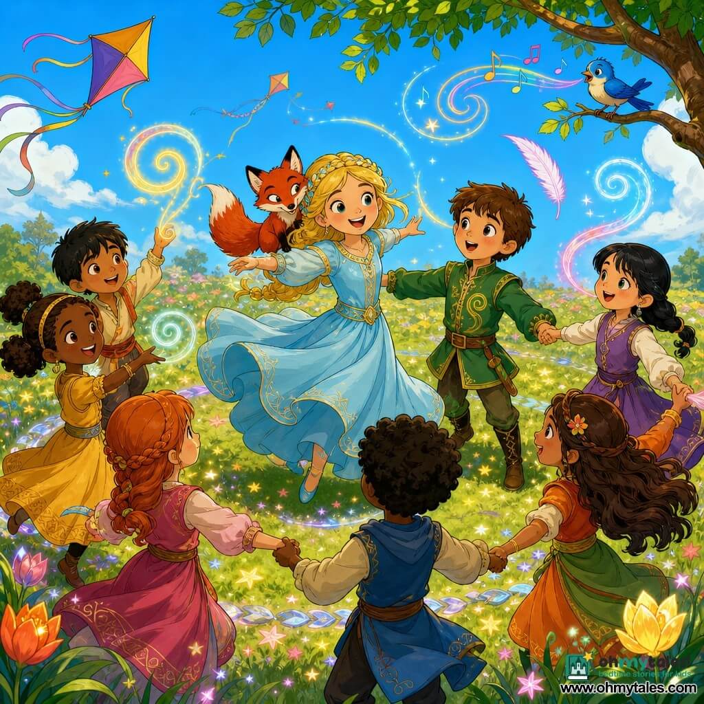 Princess (girl) with a round face and bright hazel eyes, blonde hair braided into a crown, wearing a pale blue flowing dress, joyful and focused, smiling and dancing at the center of a circle with arms tracing patterns in the air; young prince (~9) with short chestnut hair and a green jacket embroidered with a small swirl, amazed, holding a friend's hand and dancing beside the princess while looking at her; a red fox with glossy fur and mischievous eyes perched on the princess's shoulder, sharing a knowing look with the children; a small blue bird with vivid plumage perched on a branch above the circle, singing with visible colorful musical notes; the scene is a sunny meadow of green grass dotted with star-shaped flowers and bright tulips, a pure blue sky, kites and ribbons floating, and a path of tiny sparkling stones; children and animals dance together in the sun, their gestures forming visible luminous symbols (swirls, feathers, spirals) in the air, warm magical atmosphere, bright colors, clear lines, Franco-Belgian comic style, composition centered on the princess.
