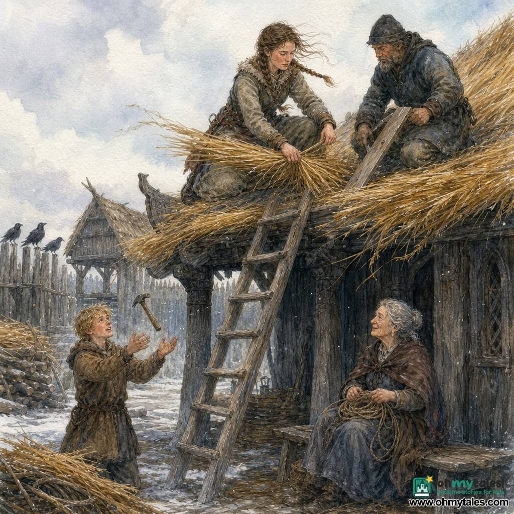 Main character: a determined, gentle young woman with braided brown hair, soot-stained thick wool clothes, kneeling on a roof applying a new layer of thatch, calloused hands holding a bundle of golden straw, focused and brave; the young cousin: about 16, tousled blond hair, simple coat, standing at the foot of the ladder with a worried but willing look, holding a hammer he has just tossed in the air with an embarrassed smile; the old adviser: about 75, gray hair in a bun, simple clothes, seated on a bench on the ground, kind, wrinkled gaze, holding a coil of rope; the craftsman Eirik: about 55, broad weathered hands, oilskin and hat, on the roof beside the woman ready to fix a plank, attentive and calm; setting: a longhouse courtyard under a pale winter sky, frozen earth, stacked bundles and planks, a dark wooden granary on stilts with thatched roofs, ravens on a fence; main situation: close view of roof repairs against imminent snow, composition centered on the woman repairing thatch, flashes of golden straw against gray wood, wind in hair and edges of thatch, atmosphere of quiet tension and solidarity.