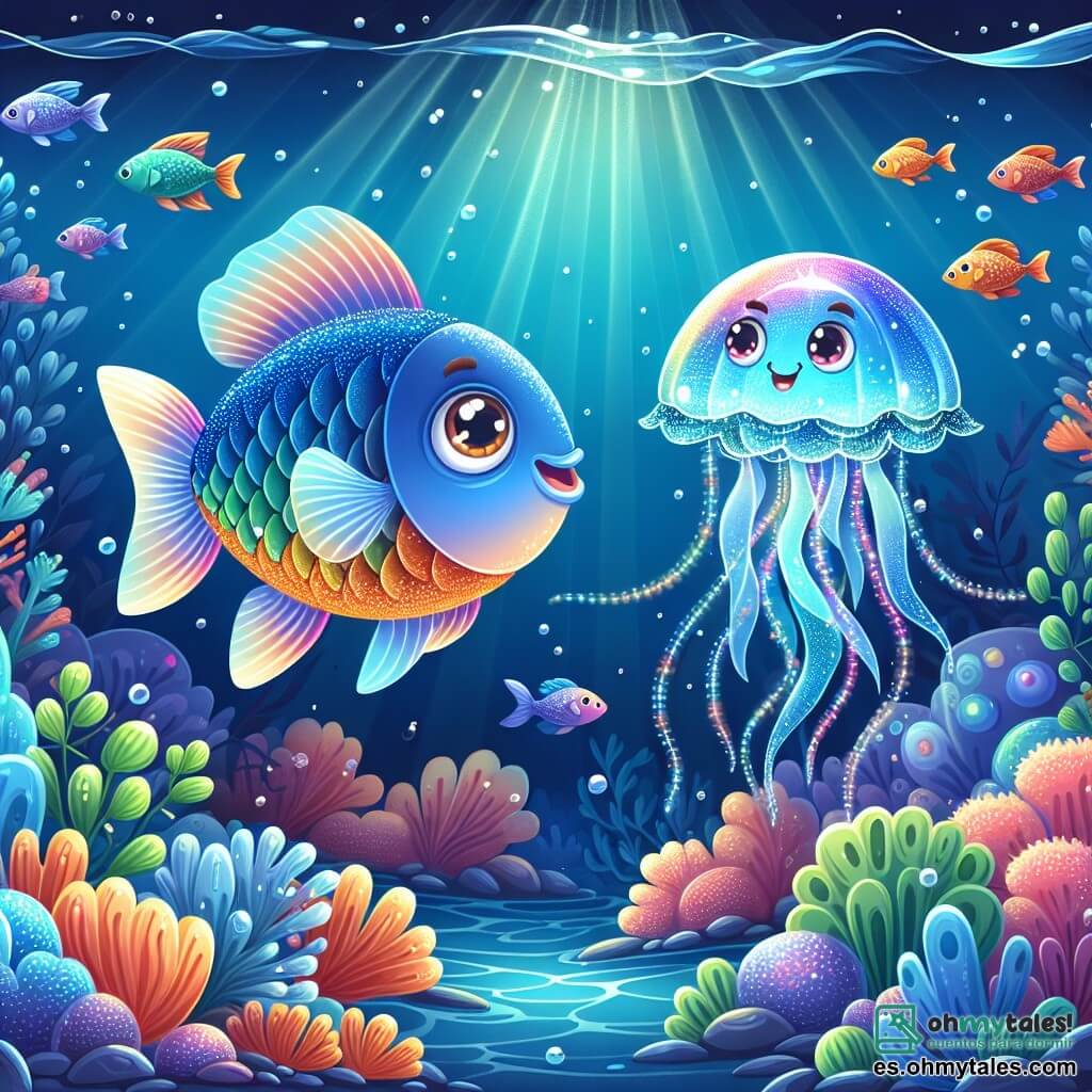 En el centro de la imagen, un valiente pez en forma de flecha, con escamas brillantes de azul y naranja, nada con determinación, sus ojos grandes y brillantes de emoción. Parece listo para explorar las profundidades del océano, su cuerpo vibrante de energía y curiosidad. A su lado, una encantadora medusa translúcida, con tentáculos delicados y luminosos, flota graciosamente, iluminando el agua oscura con una suave luz rosa. Sonríe, animando al pez a avanzar, sus ojos chispeantes de benevolencia. Al fondo, un jardín submarino encantador se despliega, lleno de corales coloridos en forma de flores gigantes, peces multicolores que nadan en armonía, y rayos de luz filtrándose a través de la superficie del agua, creando un espectáculo de ensueño. La escena muestra al pez y a la medusa aventurándose juntos a través de un laberinto de corales, rodeados de criaturas marinas fascinantes, listos para descubrir los misterios del océano.