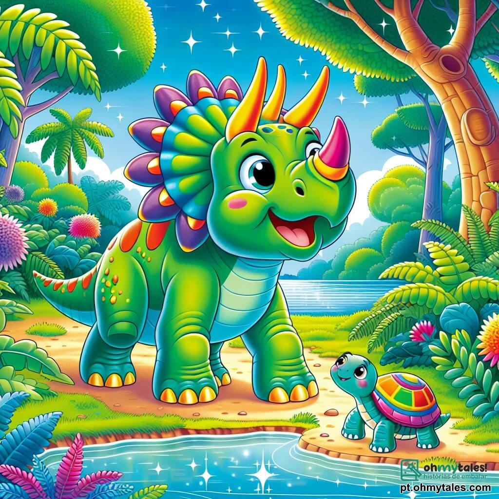 Um tricerátopo alegre, com uma pele verde brilhante e três chifres coloridos, está perto de um lago cintilante. Seus grandes olhos redondos brilham de excitação enquanto ele fareja o ar, curioso para descobrir o que se esconde atrás dos arbustos. Perto dele, uma pequena tartaruga com um casco listrado e um sorriso amigável observa Tico, pronta para acompanhá-lo em sua aventura. A cena acontece em uma floresta luxuriante, com grandes samambaias, árvores de troncos grossos e flores vibrantes que dançam sob a brisa suave. Tico, intrigado por um barulho misterioso, se aproxima da margem do lago, pronto para explorar e descobrir um novo amigo ou um segredo escondido.