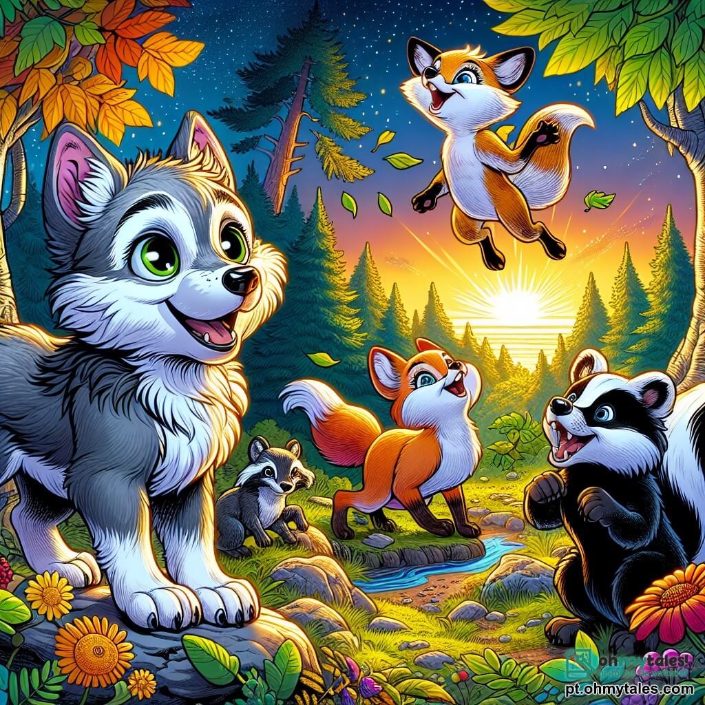 Um pequeno lobo de pelagem cinza suave e olhos brilhantes, Lupo, está no centro da clareira, com um sorriso maravilhado e orelhas em pé, observando o pôr do sol dourado que ilumina a floresta. À sua direita, Rina, uma ave de rapina astuta com pelagem ruiva brilhante e olhos travessos, salta alegremente sobre uma pedra, sua expressão cheia de empolgação. À sua esquerda, Tito, um texano de pelagem preta e branca, ri com grande energia, segurando uma folha colorida atrás da orelha, seu olhar brilhando de alegria. A clareira é cercada por árvores majestosas com folhas verdes vibrantes, e o chão está coberto de flores silvestres coloridas. A cena transmite uma atmosfera de camaradagem e celebração, enquanto os amigos se reúnem para quebrar o jejum ao crepúsculo, compartilhando frutas e água fresca sob o céu estrelado.