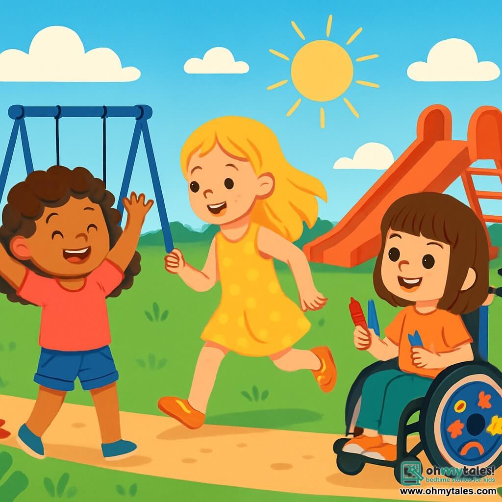 There are 3 characters: - Lily: A 7-year-old girl with curly brown hair, wearing a pink t-shirt and denim shorts. She is standing on the left, smiling with her arms raised in joy. - Mia: A 7-year-old girl with long blonde hair, dressed in a yellow polka dot dress and shiny shoes. She is in the center, making a running gesture, ready to play. - Sophie: A 7-year-old girl with chestnut hair and bangs, sitting in a wheelchair decorated with colorful stickers. She is on the right, smiling, holding crayons in her hands. The setting takes place in a sunny playground, with swings, a bright red slide, and a large green lawn. Colorful flowers line the path, and the sky is a bright blue with a few fluffy white clouds. The main scene shows the three friends playing a slow game of tag. Lily and Mia gently run around Sophie, who moves with her wheelchair, laughing and having fun. Their joyful and friendly expressions highlight the importance of inclusion and support.