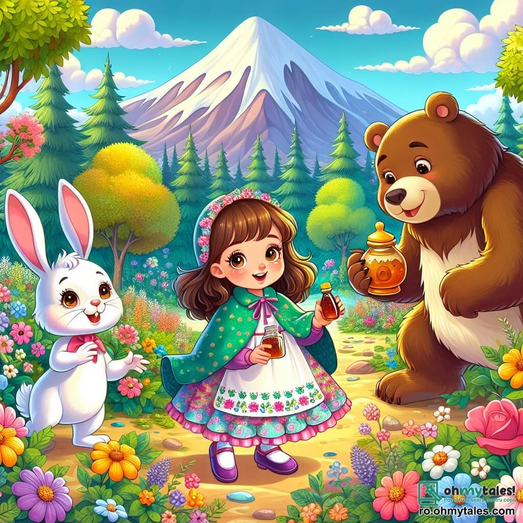 O fetiță de 4 ani, pe nume Maria, cu părul lung și brunet și ochi strălucitori, stă în centrul imaginii. Ea poartă o rochie colorată cu flori și are o expresie de excitație amestecată cu îngrijorare, ținând o sticlă mică de sirop în mâini. La dreapta ei, un iepuraș alb drăguț, cu urechi mari, o privește cu un zâmbet prietenos, pregătit să o însoțească în aventură. La stânga, un urs brun, mare și robust, dar cu un aer blând și protector, ține un borcan de miere în labe. Scena se desfășoară într-o pădure fermecată, unde copacii sunt înalți și măreți, frunzele strălucesc la soare, iar flori multicolore cresc peste tot, creând o atmosferă magică. În fundal, se vede o munte măreț, unde se află casa înțeleptului. Maria, iepurașul și ursul discută vesel, îndreptându-se împreună spre vârful muntelui pentru a găsi un remediu magic pentru tusea Mariei.