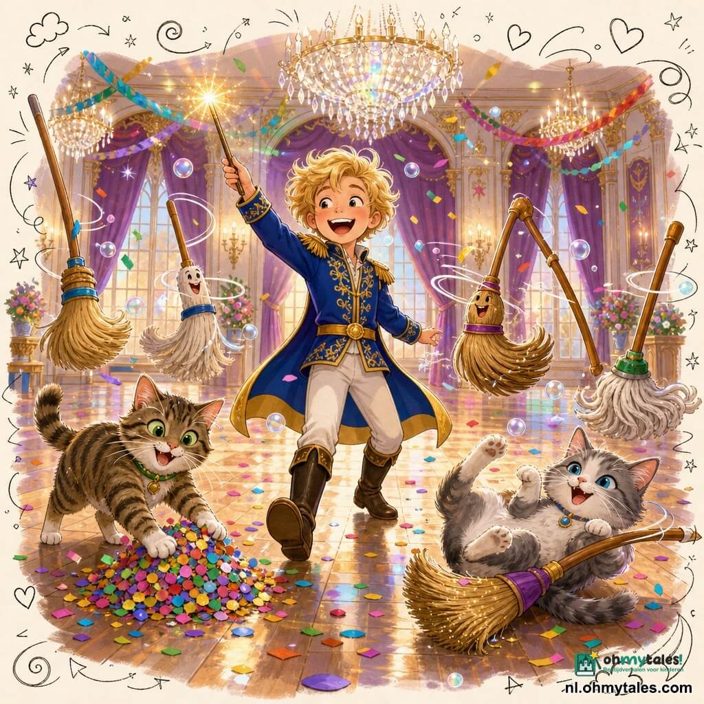 Een jonge prins (ongeveer 9 jaar) glimlacht enthousiast, blonde warrige haren, koningsblauwe jas met gouden borduursels, hij zwaait lachend met een kleine fonkelende toverstok in het midden van het toneel; Felix, een gestreepte kater met guitige groene ogen, duwt naast hem een stapel confetti; Luna, een grijswitte poes met slimme blauwe ogen, rolt lachend op de grond bij een betoverde bezem; levende bezems en dweilen tollen rond alsof ze dansen, met bewegende haren, felle kleuren en zeepglans; de grote balzaal van het kasteel is licht, brede glanzende plankenvloer, gekreukte paarse gordijnen, kleurrijke slingers en overal confetti, kristallen kroonluchters werpen regenboogreflecties; de scène toont een vrolijk, grappig moment van magische schoonmaak, alles beweegt in cadans, uitbundige mimiek en warme, kleurrijke sfeer, compositie gecentreerd op de prins omringd door katten en dansende bezems.