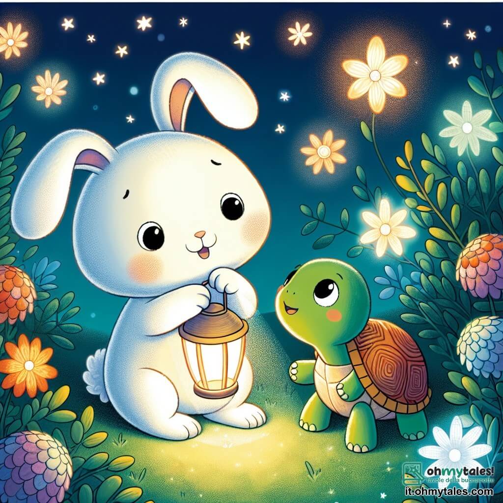 Un coniglietto di nome Bobo, con un pelo bianco e grandi orecchie, tiene in mano una lampada accesa che illumina il suo viso curioso e un po' preoccupato. Si trova nel mezzo di un giardino notturno, circondato da fiori luminosi che brillano sotto le stelle. Accanto a lui, la sua migliore amica, una tartaruga di nome Tina, con un guscio verde e dolci occhi, sorride gioiosamente mentre guarda le stelle. Sembra rassicurante e meravigliata dalla bellezza del cielo. Il giardino è pieno di colori vivaci, con ombre morbide proiettate dalla luce della lampada, creando un'atmosfera magica e rilassante. Bobo e Tina esplorano insieme il giardino, scoprendo la bellezza del mondo notturno, mentre la paura del buio di Bobo svanisce poco a poco.