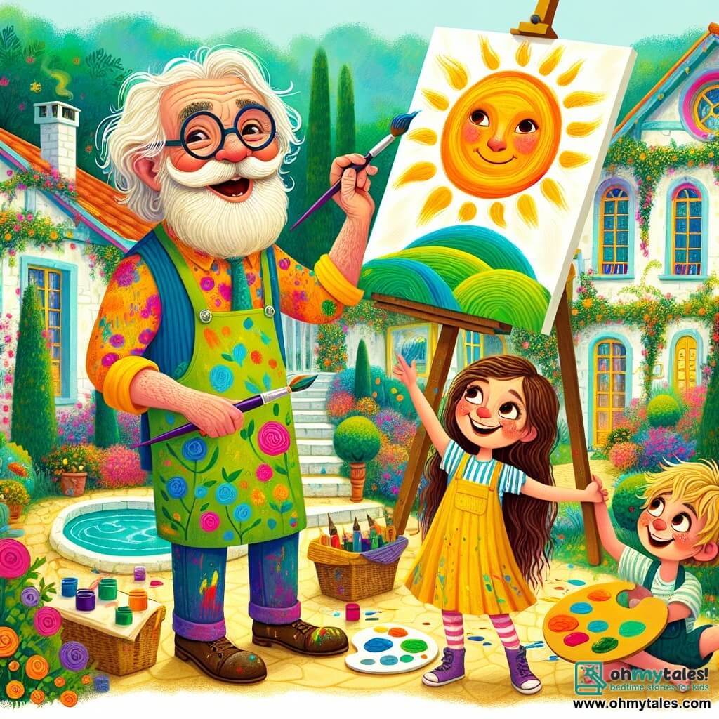 An elderly man, Mr. Art, with a white beard and round glasses, smiles warmly. He wears a colorful shirt and a paint-splattered apron, holding a brush in one hand and a canvas in front of him, where bright colors blend together. Next to him, a 7-year-old girl, Mia, with long brown hair and a yellow dress, gazes in awe at her canvas where she has painted a large sun. A 6-year-old boy, Max, with messy blonde hair and a green t-shirt, stands slightly back, holding a canvas with a drawing of a green hill, smiling proudly. The setting is an enchanting garden filled with colorful sculptures and vibrant flowers, with a picturesque house painted in pastel colors in the background. The main scene shows Mr. Art teaching Mia and Max how to paint, surrounded by their artwork, in a joyful and creative atmosphere where imagination comes to life.