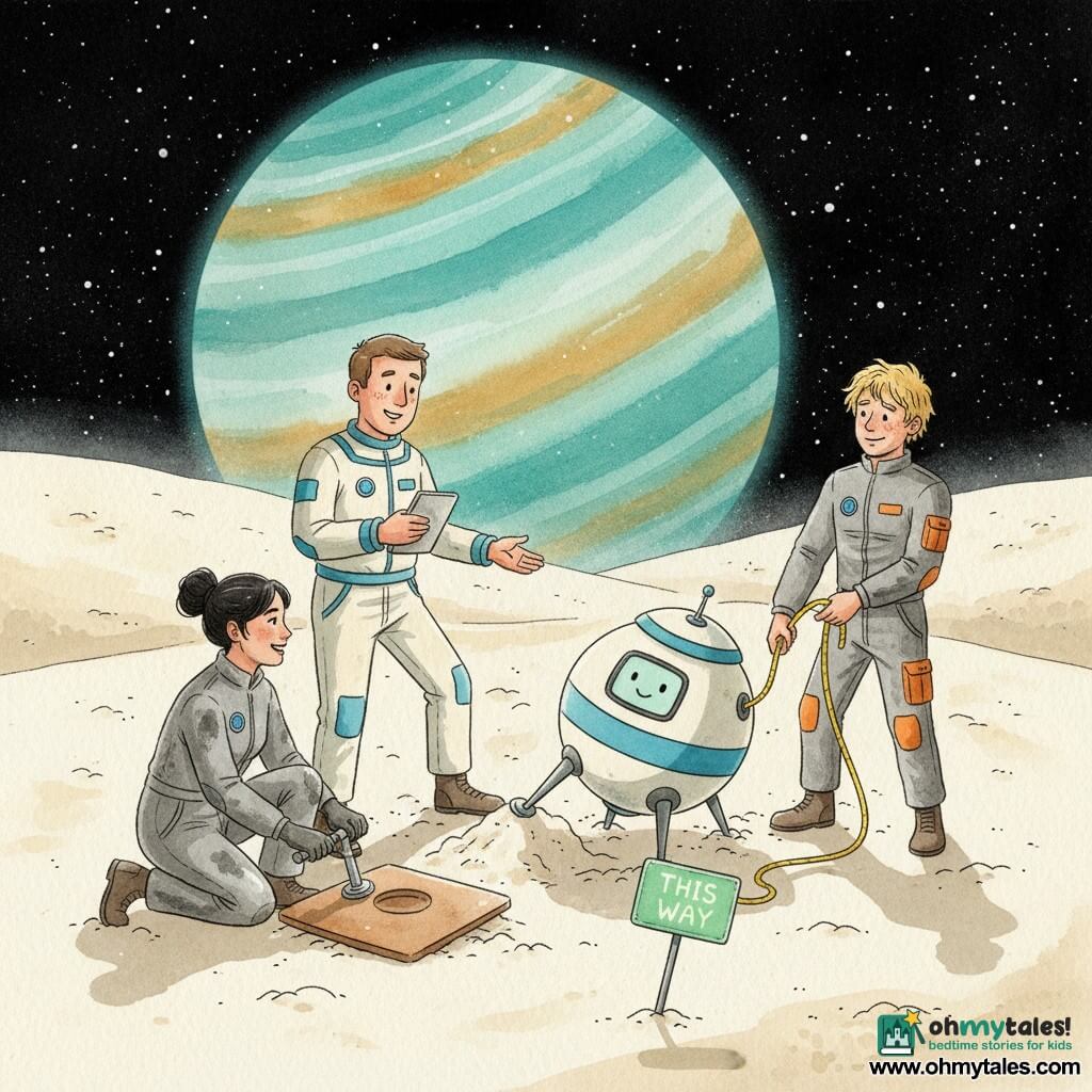A smiling, serene man, Commander Leo, round face with light freckles and short brown hair, in a pale spacesuit with blue accents, holds a small glowing tablet and gives calm instructions with one foot on the creamy lunar dust; Mira, the engineer, about 30, black hair in a bun, grease-stained gray overalls, kneels by the pod operating a small silver hydraulic jack as she looks to the commander and adjusts a bronze stabilizer plate; Jax, a young man of about 20 with messy blond hair and a relaxed suit with an orange pocket, stands slightly right of the pod pulling a bright yellow rope, muscles tense but playful expression; the MOSS pod, a small round friendly robot painted white with a wide blue stripe and a tiny screen showing a pixelated smiling face, leans with one leg sunk in powdery dust beside a green lit "THIS WAY" sign; on the surface of moon Lullaby with fine cream powder, gentle hills, a deep black starry sky and a huge turquoise-and-gold striped gas giant on the horizon, soft cold light and long faded shadows; the crew rights the pod by inserting a wide bronze stabilizer plate into the dust and slowly pulling the rope in a calm, collaborative scene of precise reassuring gestures and mutual aid, rendered in watercolor with tender colors, soft outlines and granular dust textures.