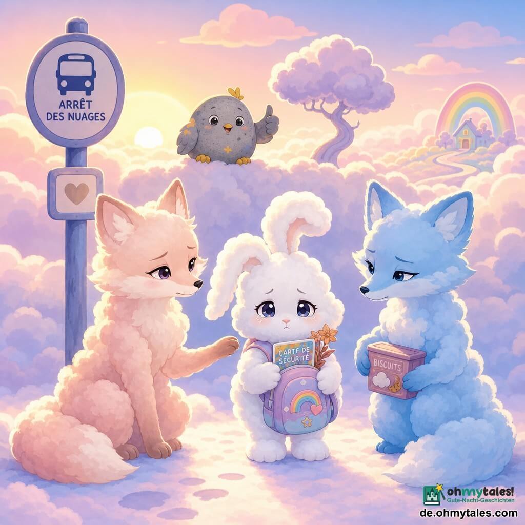 Ein kleiner Wolkenhase (Hauptfigur) mit flauschigem weißem Fell, langen weichen Ohren und großen glänzenden Augen, traurig und zugleich beruhigt, trägt einen pastellfarbenen Rucksack mit hervorlugender Sicherheitskarte und einer getrockneten Sternblume; links eine wolkige Fuchsmutter mit creme-rosafarbener, weicher Silhouette und melancholisch-zärtlichem Blick, Pfote fast nach dem Hasen ausgestreckt; rechts ein blauer Wolkenfuchsvater mit schlanker Silhouette, ruhigem, etwas distanziertem Ausdruck und einer kleinen Keksdose in der Pfote; im Hintergrund auf einer Wolkenkante ein rundlicher, steinähnlicher Vogelfreund Mino in grauen und gelben Tönen mit aufmunterndem Lächeln und Daumen hoch; Ort: Bushaltestelle auf einer Wolkenstraße bei Sonnenaufgang mit sanft geformtem Boden, pastellnebliger Landschaft, einem Nebelbaum und ferner Regenbogenhaus; Szene: familiärer Abschied, Hase zwischen den getrennten Eltern, gepackter Rucksack, sichtbare aber ruhige Emotionen; Stil: einfache runde Formen, klare Konturen, helle Pastellpalette, leichte Baumwolltexturen, warmes weiches Licht, kindgerecht klare Komposition.