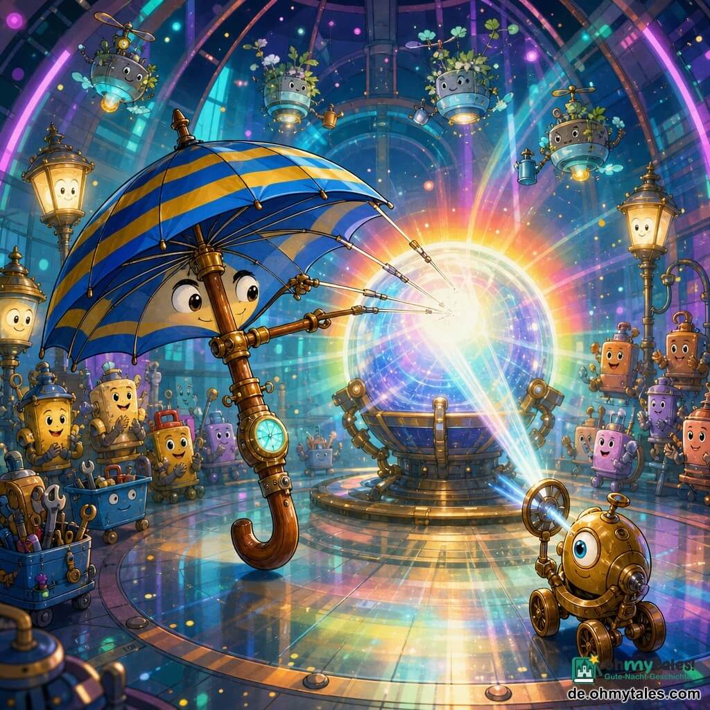 Flippy, ein sprechender, anthropomorpher Regenschirm mit blau-gelb gestreiftem Stoff, poliertem Holzgriff und kleinem Leuchtziffernblatt, lächelnd aber konzentriert, spannt seine Metallstreben, um Lichtstrahlen neu auszurichten; rechts von ihm Lumi, ein zweirädriger Messkompass aus Messing mit einem leuchtenden Einauge und schelmischem Blick, schiebt mit dem Rad einen Strahl an die große, regenbogenleuchtende Kugel, die prismatische Strahlen aussendet; im Hintergrund applaudiert eine halbkreisförmige Menge belebt wirkender Objekte (schwebende Gartenroboter, freundliche Laternen, kleine Werkzeugkästen); die Szene spielt in einer Glas‑Metall‑Höhle mit türkis‑magenta Lichtstreifen, transparenten Stegen und schwebenden Leuchtepoussièrefunken; Flippy und Lumi stabilisieren die Stadt, dynamische, warme Atmosphäre.