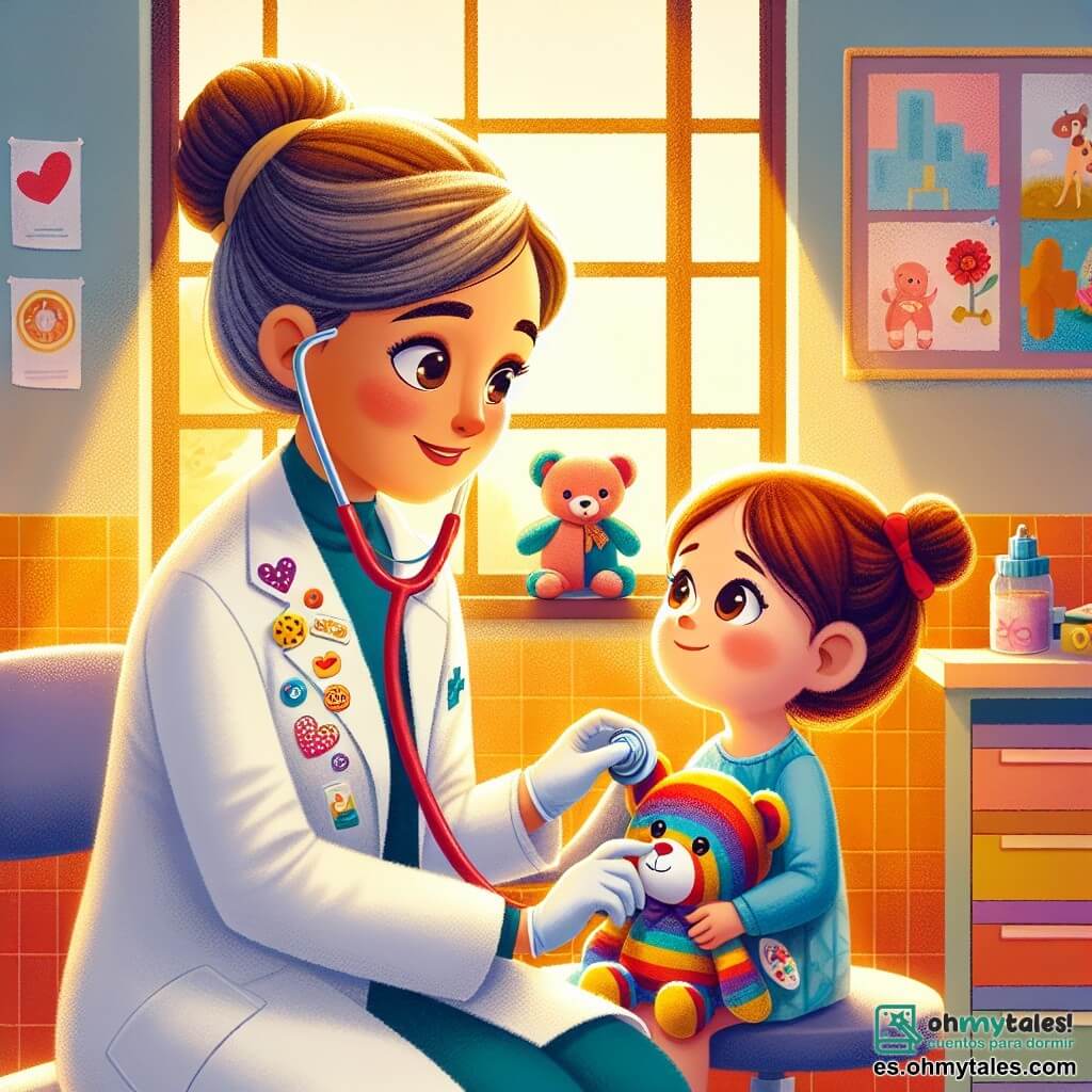 La doctora Ana es una mujer de unos cuarenta años, con el cabello castaño recogido en un moño, que lleva una bata blanca adornada con pegatinas de colores. Su rostro expresa una dulce benevolencia mientras examina un peluche con un estetoscopio, rodeada de una luz cálida en su consultorio. Laura, una niña de seis años, está sentada en una silla, con grandes ojos curiosos y una sonrisa tímida. Sostiene firmemente su peluche, Mimoso, un oso de peluche de colores vivos, que parece escuchar atentamente. El consultorio médico está lleno de colores vivos, con carteles educativos en las paredes, juguetes esparcidos por el suelo y una gran ventana que deja entrar la luz del sol, creando una atmósfera acogedora y alegre. La situación principal muestra a la doctora Ana jugando con Laura y Mimoso, transformando una visita médica en una aventura divertida, donde el miedo se disipa gracias a la magia de la imaginación y la empatía.