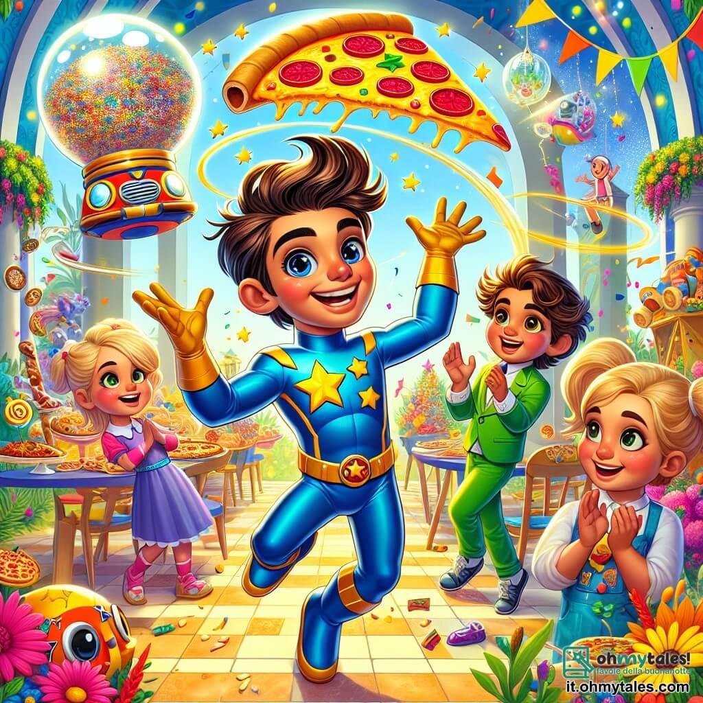 Silvano, un supereroe con una tuta blu decorata di stelle gialle, sorride entusiasta al centro dell'immagine. I suoi capelli sono castani e disordinati, e i suoi occhi brillano di gioia. Sta danzando mentre fa apparire una gigantesca pizza fluttuante sopra la sua testa, circondato da colori vivaci e coriandoli. A destra, Pantaleo, un ragazzo di 10 anni con capelli biondi e un costume verde, osserva meravigliato, sorridendo e tenendo un grande pallone di neve. A sinistra, Giocattolo, una ragazza di 9 anni con due trecce e un vestito colorato, applaude felice con un giocattolo a forma di auto. La scena si svolge in un giardino soleggiato, pieno di fiori multicolori e tavoli decorati con dolci e bevande frizzanti, mentre i bambini giocano intorno. Silvano, con un gesto teatrale, fa apparire piatti deliziosi per una grande festa, mentre i suoi amici lo incoraggiano, creando un'atmosfera gioiosa e vivace.