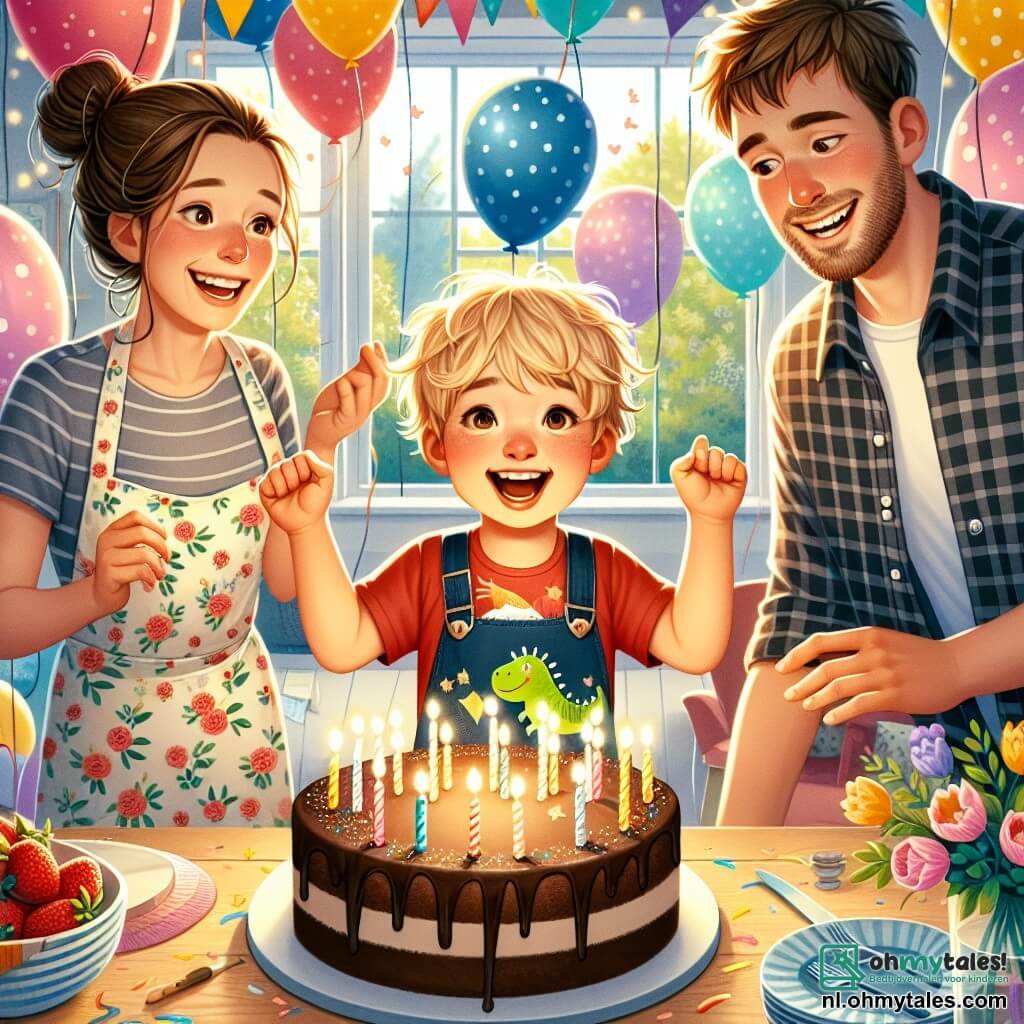 Een kleine jongen van 2 jaar, Lars, met rommelig blond haar en sprankelende ogen van blijdschap, is omringd door kleurrijke ballonnen in een lichte kamer. Hij draagt een rode t-shirt met een dinosaurusafbeelding en een blauwe short, en hij glimlacht breed terwijl hij met zijn vinger wijst naar een grote chocoladetaart op de tafel. Zijn moeder, een vrouw van ongeveer 30 jaar met bruin haar in een knot, draagt een bloemen schort en glimlacht terwijl ze naar haar zoon kijkt, terwijl zijn vader, een man van ongeveer 32 jaar met een lichte baard en een geruite overhemd, naast haar staat met een bord met taartstukken. De scène speelt zich af in een woonkamer versierd met kleurrijke slingers en zwevende ballonnen, met een grote houten tafel in het midden, bedekt met een vrolijke tafelkleed. Lars is bezig de kaarsjes op zijn verjaardagstaart uit te blazen, omringd door zijn ouders die hem aanmoedigen met warme glimlachen, wat een feestelijke en blije sfeer creëert.