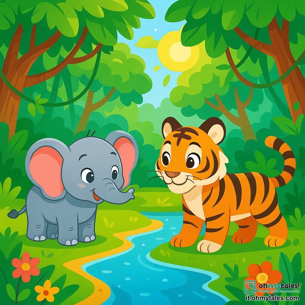 Un elefante carino e curioso di nome Pierino, con grandi orecchie rosa e occhi scintillanti di gioia, si trova sulla riva di un fiume luccicante. Guarda con meraviglia una maestosa tigre dalle strisce arancioni e nere, che si avvicina dolcemente a lui con un sorriso amichevole. La tigre, Lina, ha un pelo lucido e occhi dolci, e sembra felice di conoscere Pierino. Il paesaggio è una giungla lussureggiante, piena di alberi giganti con foglie verdi brillanti, fiori colorati e liane pendenti. Il sole brilla tra il fogliame, creando giochi di luce sul terreno. In questa scena, Pierino e Lina si incontrano per la prima volta, condividendo un momento di curiosità e amicizia, circondati dalla bellezza della natura.