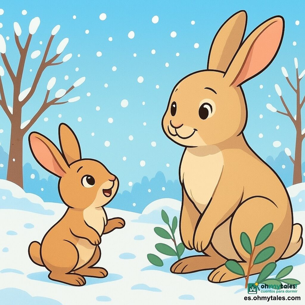 Una pequeña liebre llamada Lila, con un pelaje suave y marrón claro, grandes orejas erguidas, observa maravillada la nieve que cae suavemente a su alrededor. Sus ojos brillan de curiosidad y alegría, mientras se sostiene sobre sus patas traseras, lista para saltar en la nieve. A su lado, su mamá, una liebre más grande con pelaje beige y ojos cariñosos, sonríe tiernamente, envolviendo a Lila con su presencia protectora. Está agachada, rodeada de ramas y hojas, creando un cálido capullo. El paisaje es un hermoso entorno invernal, con árboles desnudos cubiertos de nieve brillante, un suelo blanco y esponjoso, y copos de nieve que bailan en el aire. La escena principal muestra a Lila descubriendo la magia del invierno, maravillada por la belleza de la nieve que cae, mientras su mamá la anima con amor y ternura.