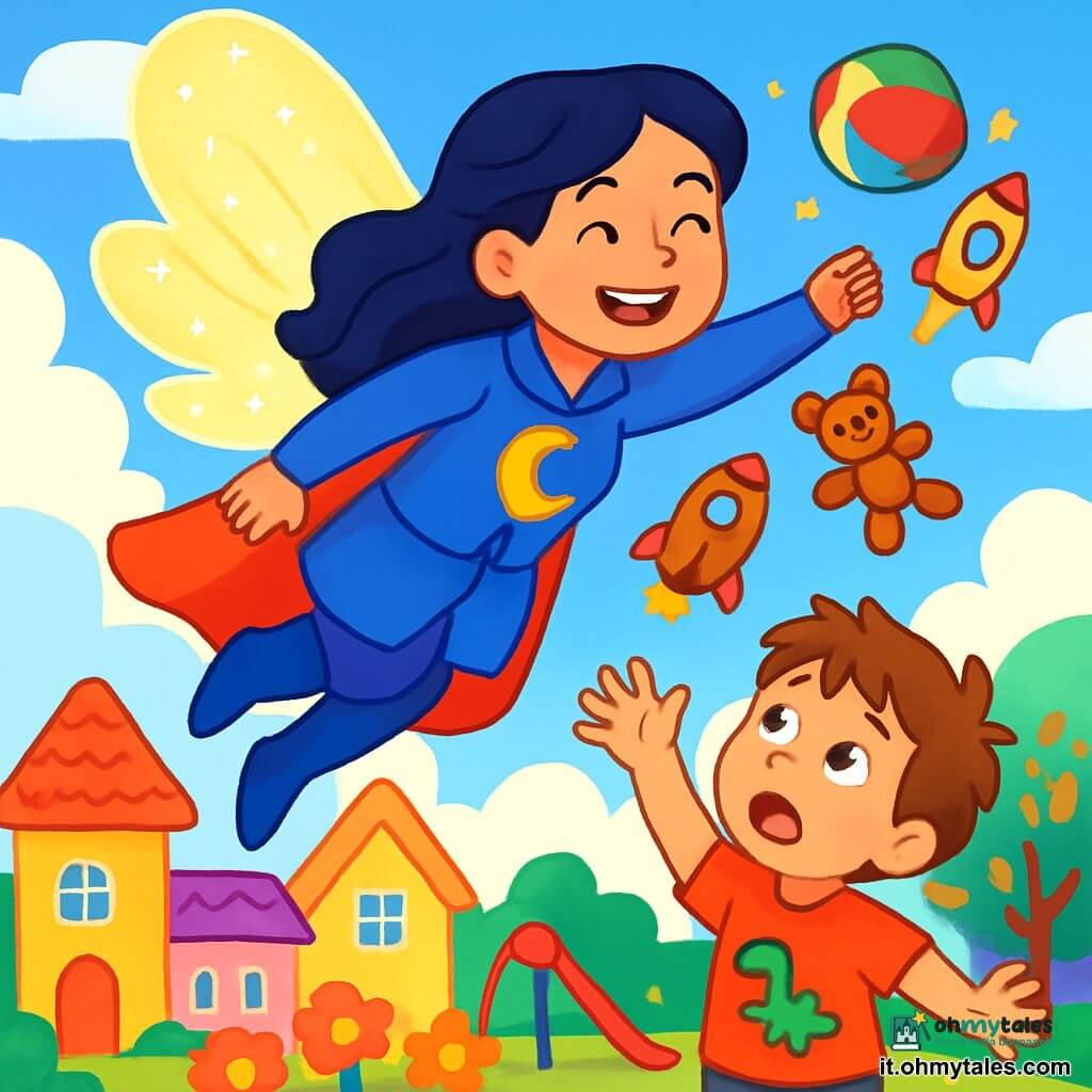 Una supereroina, Luna, è una donna con ali scintillanti di luce. Indossa una magnifica giacca blu e ha un sorriso radioso, che mostra la sua determinazione e gioia. Luna sta volando nell'aria, circondata da nuvole morbide e cotonose. Un bambino di 6 anni, con i capelli castani arruffati e una maglietta rossa con un disegno di dinosauro, guarda in alto con occhi spalancati, allungando le braccia verso il cielo per chiedere aiuto a Luna. Il luogo è una città magica, con case colorate dai tetti a forma di caramelle e alberi con foglie multicolori. I parchi sono pieni di fiori vivaci e giochi che sembrano danzare al ritmo del vento. La scena principale mostra Luna che vola per recuperare giocattoli portati via da un forte vento, creando un'atmosfera gioiosa e dinamica, ricca di colori vivaci ed energia positiva.