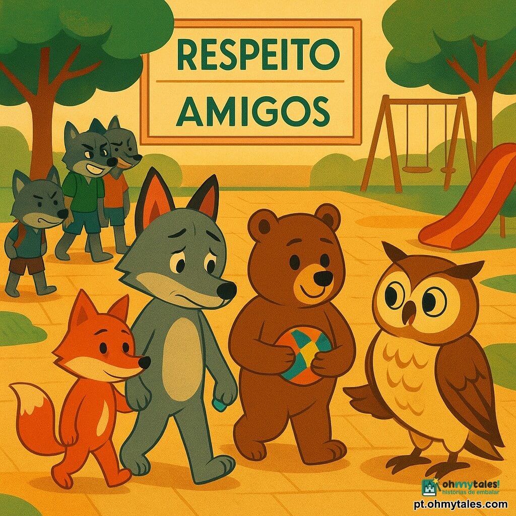 Um pequeno lobo antropomórfico chamado Léo, tímido mas aliviado, pelo cinza com mancha branca na barriga, segura um pequeno telemone azul-claro e caminha lentamente rumo à professora; a professora é uma grande coruja sábia, olhos calmos, plumagem bege e castanha, agachada e com uma asa aberta em gesto protetor, ao centro; ao lado de Léo está Rita, uma raposa de pelo ruivo brilhante, olhar determinado e patinha no ombro dele; Tita, uma têduga de pelo castanho, segura uma bola de tecido colorida pronta para brincar; três jovens lobos maiores zombeteiros estão à esquerda junto ao escorrega vermelho, em roupas escolares desalinhadas; pátio escolar ensolarado com chão de calçada ocre, manchas de relva molhada, baloiços ao fundo e um painel com as palavras Respect e Amis; cena de confronto pacificado, amigos apoiando Léo, cores quentes, formas simples e traços suaves.