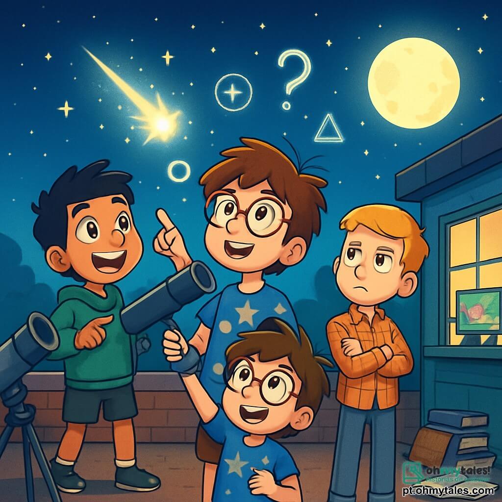 Há 4 crianças: - Miguel: Um garoto de 11 anos, com cabelos castanhos bagunçados e óculos redondos. Ele usa uma camiseta azul com estrelas e segura um pequeno telescópio. Está no centro da imagem, olhando para o céu com admiração. - Davi: Um garoto de 11 anos, com cabelos pretos e olhos brilhantes. Ele usa um moletom verde e um short. Está à esquerda de Miguel, apontando para uma luz brilhante no céu. - João: Um garoto de 12 anos, com cabelos loiros e uma expressão cética. Ele usa uma camisa xadrez e jeans. Está à direita de Miguel, com os braços cruzados, observando a cena com curiosidade. - Lucas: Um garoto de 10 anos, com cabelos ruivos e óculos. Ele usa uma camiseta vermelha e um short. Está atrás de Miguel, pulando de excitação enquanto segura um caderno de anotações. A cena principal ocorre em um laboratório científico ao ar livre, localizado em um telhado. O céu está cheio de estrelas cintilantes e uma grande lua brilhante ilumina a cena. Telescópios e livros estão espalhados ao redor deles, e uma grande janela do laboratório mostra computadores com gráficos coloridos. A situação principal da história mostra as crianças observando uma luz misteriosa no céu noturno, com estrelas cintilantes ao fundo. Elas estão fascinadas e curiosas, se perguntando se é uma nave espacial. Símbolos luminosos flutuam ao redor delas, adicionando um toque mágico à ilustração.