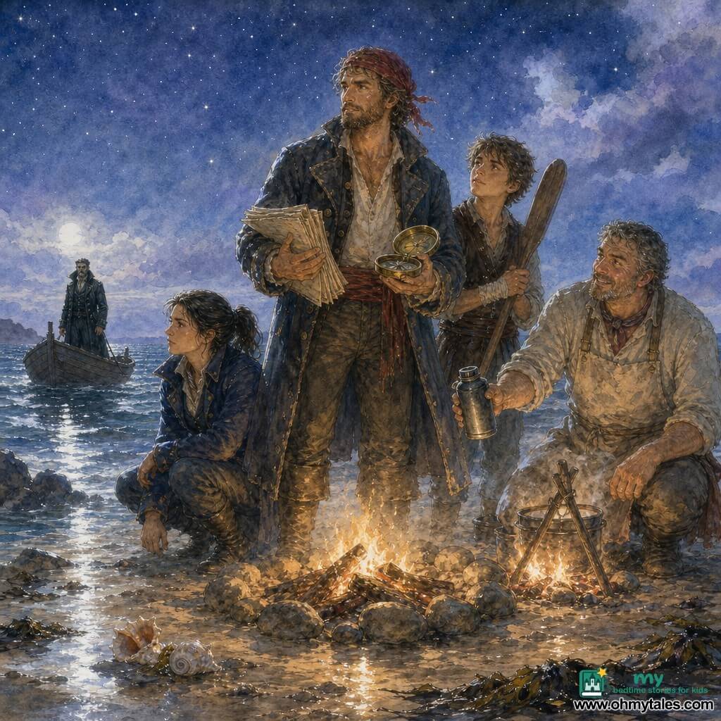 Main man: Rafe, ~35–40, weathered face, hazel eyes, short beard, red bandana, worn captain's coat, holding oil-wrapped papers in one hand and an open antique compass in the other, proud yet gentle, gazing resolutely to the horizon; secondary woman: Mara, ~30, navigator with brown hair in a ponytail, focused, navy jacket, crouched by the fire to Rafe's left watching the sea; secondary man: Jory, ~40, jovial cook with salt-and-pepper hair and stained apron, tending a makeshift fire and offering a hot bottle to Rafe's right; secondary boy: Len, ~16, young sailor with a bandaged wrist, brave, standing just behind Rafe gripping a paddle, admiring; antagonist woman in background: Captain Sable, ~38–45, dark silhouette in a small boat at the edge of the light circle, shiny black coat, cold defiant expression, the sea separating her from the group; setting: a narrow sandspit under a starry, cloudy sky, dark waves on rocks, a ring of stones and burning wood casting warm light on faces and objects, silvery reflections on wet sand, seaweed and shells in the foreground; scene: a tense yet quiet seaside confrontation—Rafe displays the papers and shields the fire while his crew stands close and the enemy boat waits in the dark, atmosphere of loyalty and courage.