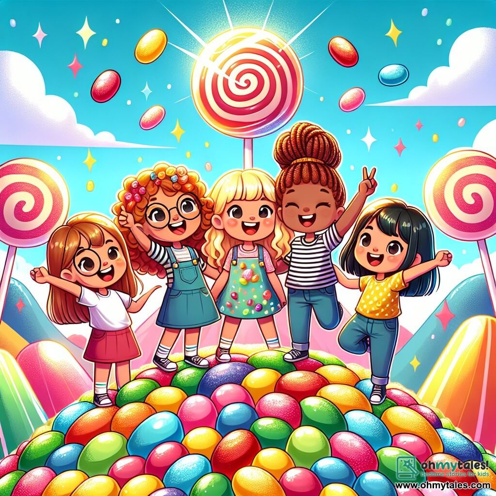Four eight-year-old girls, Lucy, Mia, Emma, and Bella, stand together at the top of a colorful mountain made of shiny jellybeans. Lucy, with brown hair and round glasses, smiles while holding a large golden jellybean. Mia, with curly blonde hair, makes a victory gesture with a big smile. Emma, with red hair in a braid, laughs while jumping for joy, and Bella, with smooth black hair, dances with funny moves. Their environment is a sparkling mountain where jellybeans of all colors – red, blue, green, and yellow – shimmer in the sunlight. Fluffy clouds float in a light blue sky, and giant lollipops stand around them, adding a touch of magic to this sweet landscape. The scene captures the moment when the four friends celebrate their victory after making the Giggle Monster, a large pink-furred monster, laugh from the bottom of the mountain. The girls are surrounded by jellybeans falling like confetti, symbolizing their success in the impossible challenge.