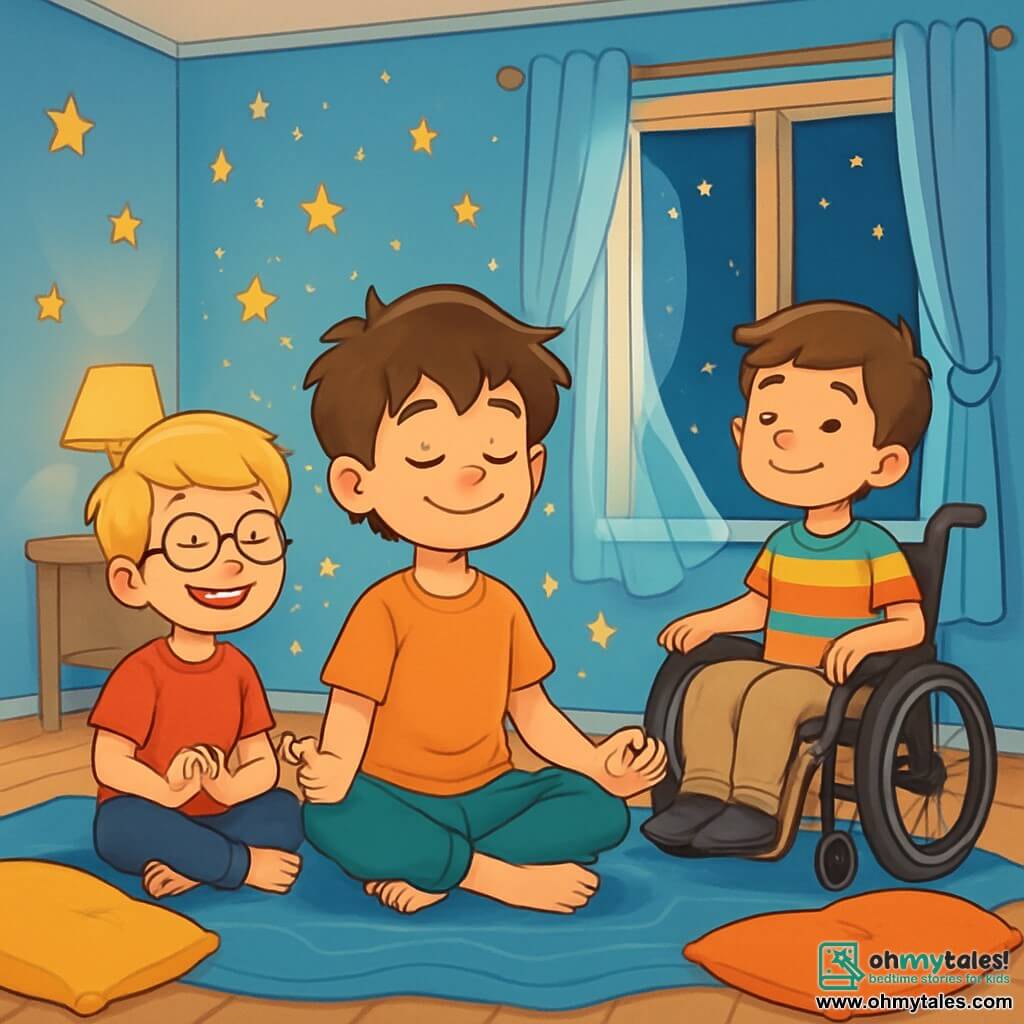 There are 3 characters: - Alex: a 10-year-old boy with sparkling green eyes and messy brown hair. He is sitting cross-legged on a blue carpet, smiling and focused, ready to guide his friends in a yoga session. - Jamie: a 9-year-old boy with blonde hair and round glasses. He is sitting next to Alex, legs crossed, with a big smile on his face, ready to have fun while relaxing. - Sam: a 10-year-old boy in a wheelchair, with brown hair and a colorful t-shirt. He is slightly behind, hands resting on the armrests, watching his friends with a joyful and serene expression. The setting takes place in a cozy room with pastel blue walls and golden stars stuck to the ceiling. A large blue ocean-shaped rug is spread out in the center, and an open window lets in a gentle night breeze, making the light curtains dance. Colorful cushions are scattered around, creating a welcoming and peaceful atmosphere. The main scene shows the three friends practicing yoga poses, eyes closed, breathing deeply. They are surrounded by a magical ambiance, with sparkling stars that seem to float around them, symbolizing the tranquility and softness of the night.