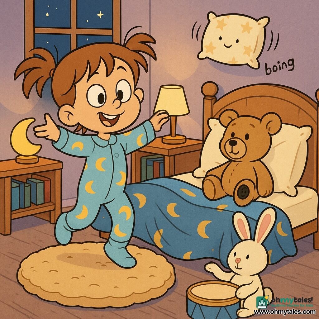 A joyful, dreamy 4-year-old girl with light brown messy pigtails and big bright eyes, wearing light-blue rabbit pajamas patterned with yellow moons, smiles as she pretends to lead a tiny parade standing on a soft round rug; a beige teddy named Mr. Buttons with a black button on its paw and a floppy ear sits on the bed like a lovable, slightly comical captain, a white bunny comforter called Flopsy with long pink ears serves as a drum with a paw slightly raised, a cream pillow with an embroidered face and star pattern bounces above the headboard while a blue blanket with yellow moons gently waves, all in a cozy lavender-walled bedroom lit by a moon-shaped nightlight, a light-wood bedside table, a beige round rug, a shelf of books and a window showing a starry sky—the “sleep parade” scene is tender, pastel-toned, with rounded shapes and clear, expressive faces.