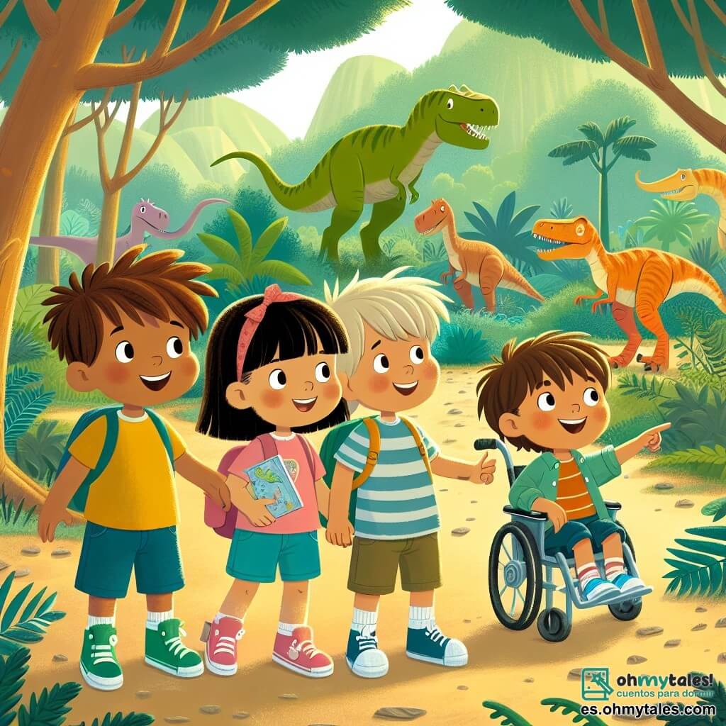 En un bosque prehistórico, cuatro amigos están juntos. Lucas, un niño de cuatro años con cabello castaño desordenado y una camiseta amarilla, sonríe sosteniendo una carta brillante. A su derecha, Sofía, una niña de cuatro años con cabello largo y rubio, lleva un vestido rosa y mira a su alrededor con asombro. A la izquierda, Tomás, un niño de cuatro años con cabello negro y gafas redondas, señala un enorme dinosaurio que pasa cerca de ellos. Finalmente, cerca de Tomás, está Martín, un niño de cuatro años en silla de ruedas, con cabello castaño y una gran sonrisa, que observa a los dinosaurios con ojos llenos de alegría. El escenario es un bosque exuberante, lleno de grandes árboles y helechos verdes. Dinosaurios coloridos, como un T-Rex y un triceratops, se mueven pacíficamente entre los árboles, mientras flores gigantes de colores vivos añaden un toque mágico al entorno. Los amigos, maravillados, acaban de ayudar a un pequeño dinosaurio triste a encontrar a sus amigos perdidos y están listos para explorar esta fascinante época, llenos de emoción y aventura.