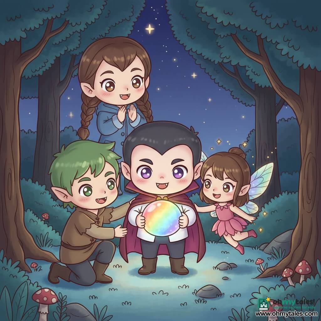 A small vampire named Vincent, round-faced with tiny teeth, wears a shy wide grin and amethyst-bright eyes; he holds a glowing round stone lighting his pale hands. He wears a short burgundy cape with a pointed collar, a ruffled white shirt and small leather boots; he stands proud and wonderstruck. To his right a tiny fairy with iridescent translucent wings and a pink petal dress flutters, casting golden sparks. To his left a boy elf with pointed ears, green hair and a brown tunic crouches, placing a hand on the stone to help, looking at Vincent gently. Behind him a nine-year-old human girl with braided hair, a blue coat and rubber boots claps, amazed. The scene is a nighttime forest glade: bushy tree silhouettes, sparkling leaves, glowing mushrooms and a bluish moss carpet, a starry sky visible through the branches. Vincent holds the stone radiating rainbow beams while the fairy, elf and girl gather around, smiling and bathed in warm light.